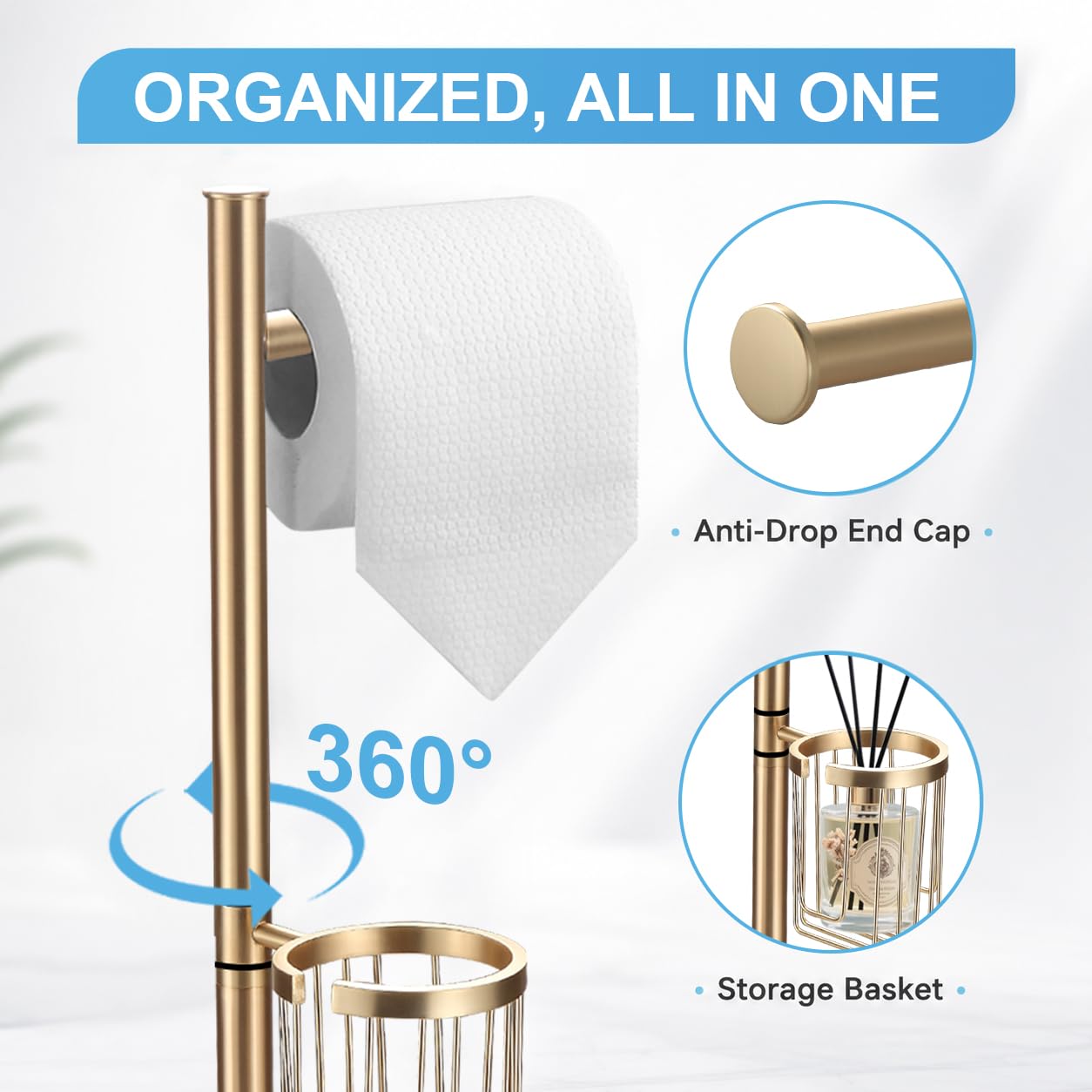 DAZI Klobürste mit Toilettenpapierhalter Set und praktischem Aufbewahrungskorb,WC-Bürste freistehend Edelstahl,3-in-1 Wc-Garnitur im minimalistischen und platzsparenden Design (Gebürstetes Hellgold)