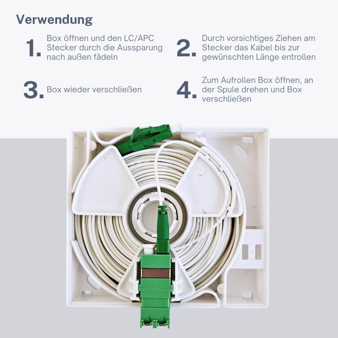 FTTH ZIEHBOX - Glasfaserkabel vorkonfektioniert in Anschlussdose, LC/APC 8°, weiß, OS2 Patchkabel, 1.2mm Durchmesser, 9/125μm, FTTH Lichtwellenleiter, G.657.B3. (20m)