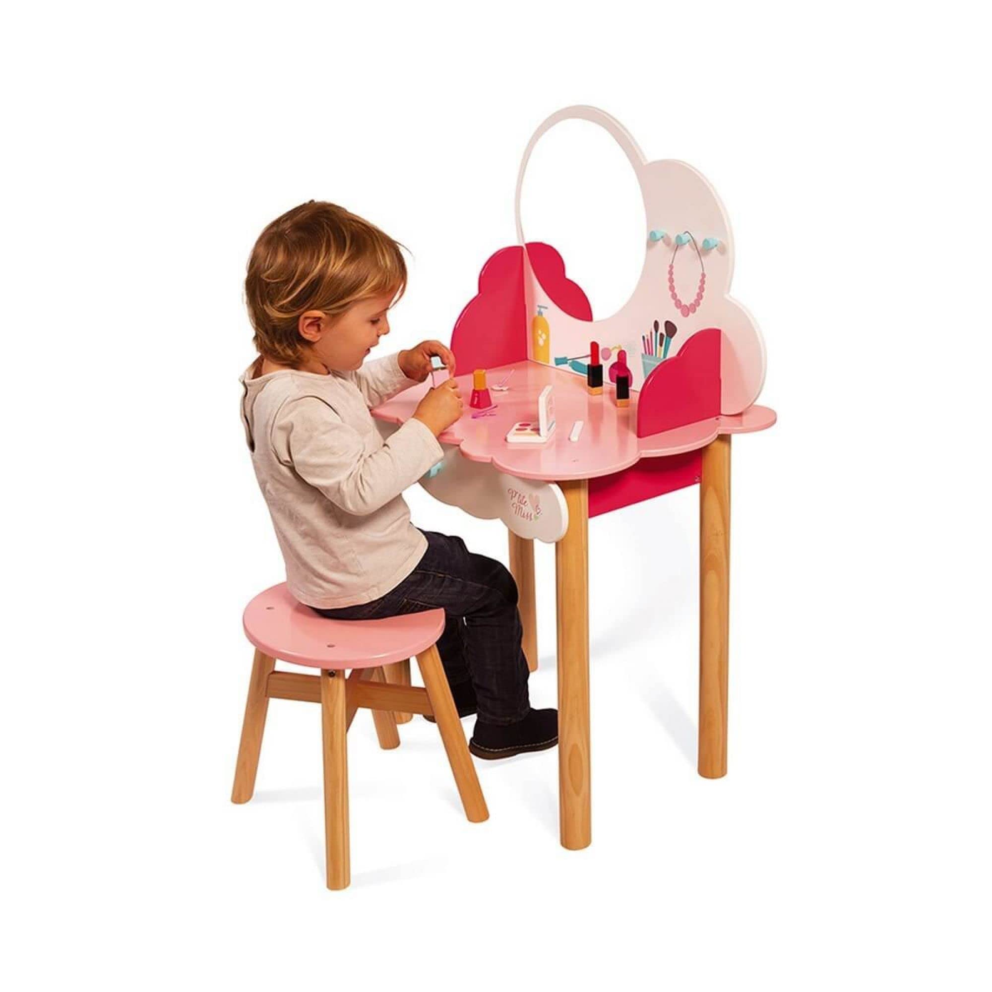 Janod - Toelettatura per Bambini in Legno P'tite Miss - 10 Accessori Inclusi - Imitazione e Sviluppo - A Partire dai 3 Anni, J06553, Rosa e Bianco