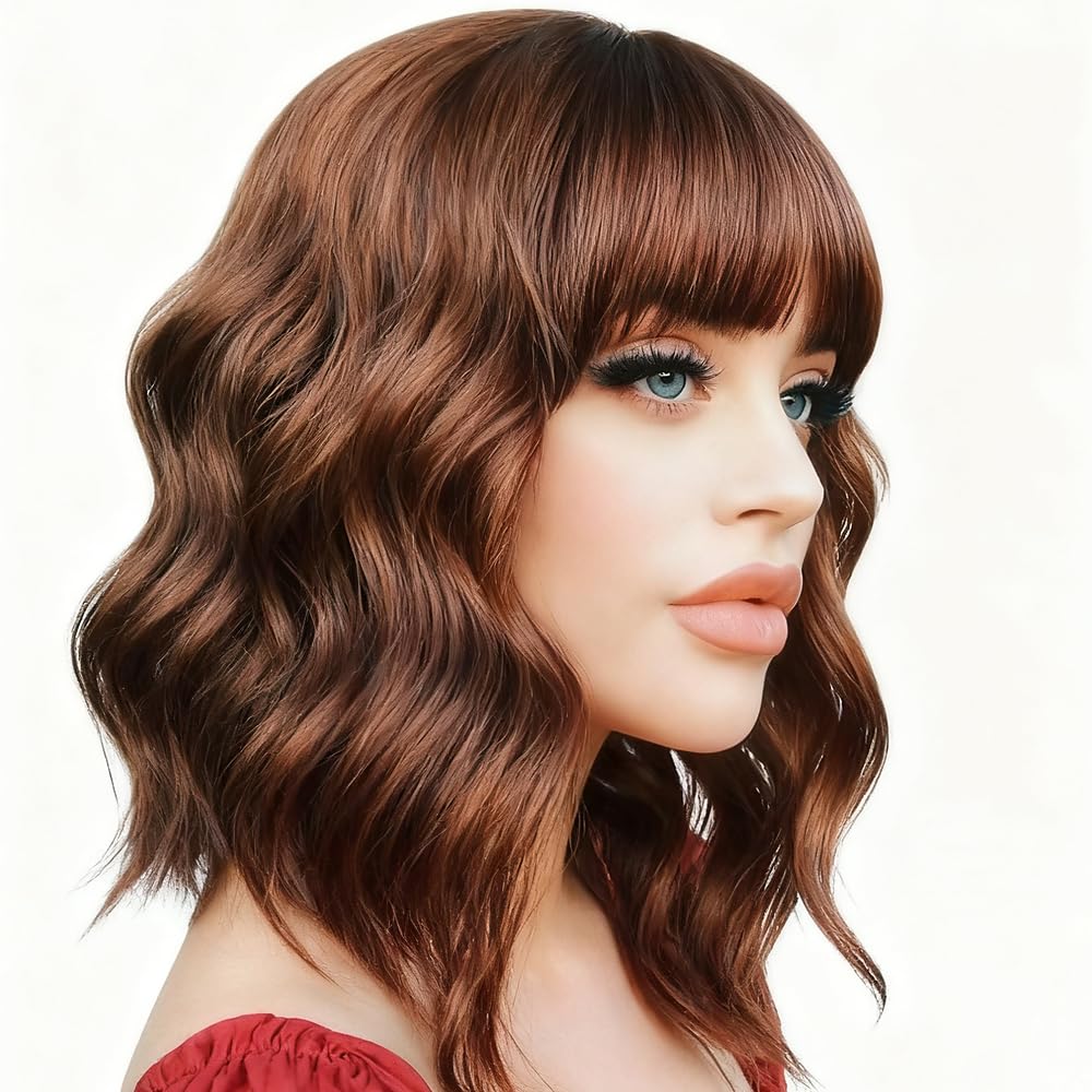 Short Wavy Curly Women 14 Inch/35 cm,Brown Wigs,Fresh Bright Synthetic Ordinary Flat Bangs Bob Wig, Loose Wavy Shoulder Length Synthetic Hair for Cosplay & Costume