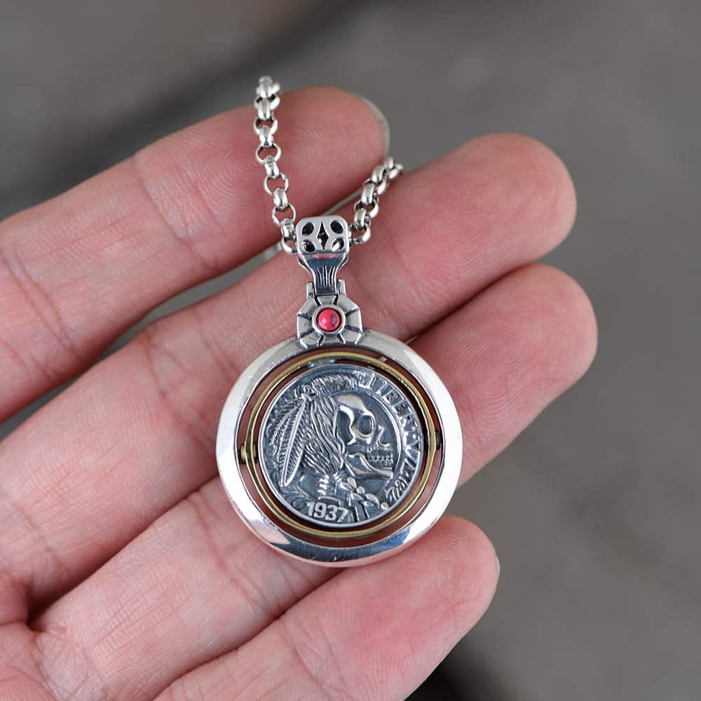 ForFox Vintage 925 Sterling Silber Indianer Totenkopf Spinner Anhänger für Herren Damen
