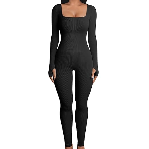 OQQ Women Long Sleeve Yoga Jumpsuits Workout Ribbed Bodysuits Pants Sexy One Piece