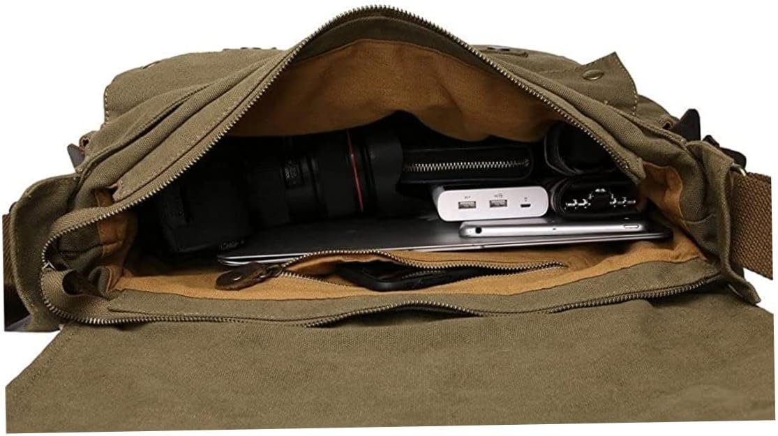 Leather Messenger Bags Vintage Canvas Laptop Bag Shoulder Bag 32cm Army Green