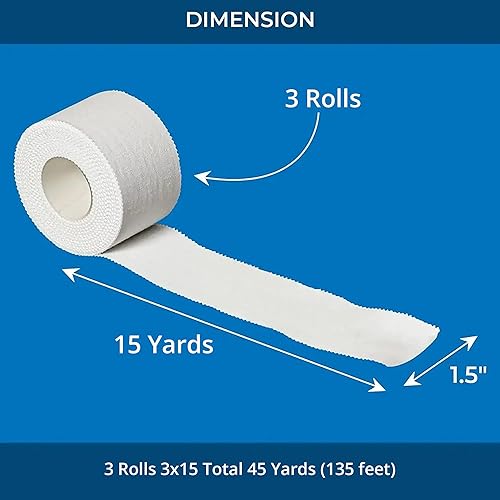 Miniatura 5 de Cinta atlética, 3 rollos adhesivos, 1.5 pulgadas x 15 yardas por rollo, residuos no pegajosos, cinta médica blanca, cinta deportiva, cinta atlética