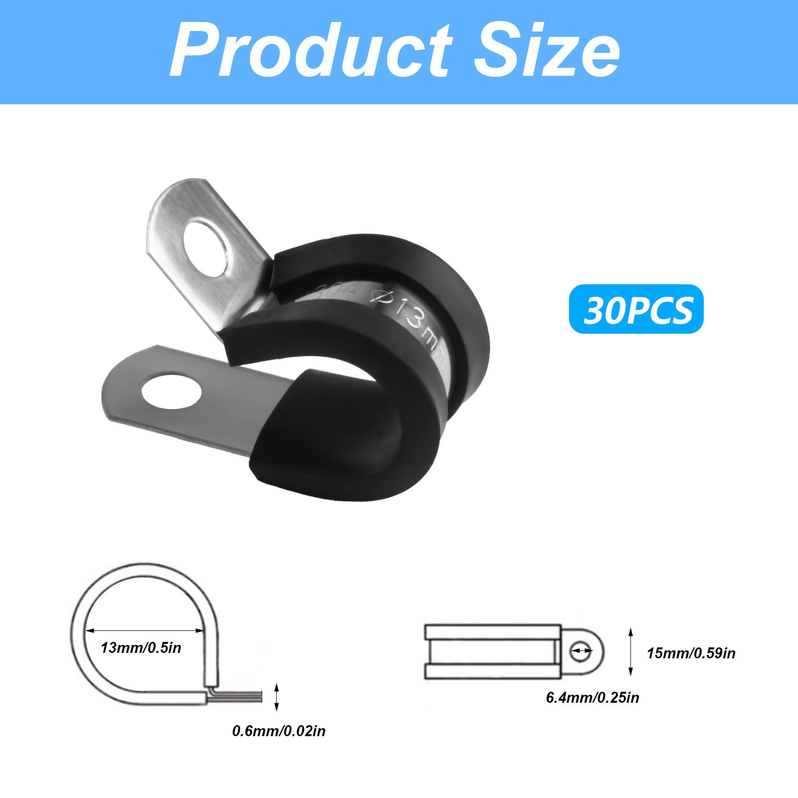 Stainless Steel Rubber Lined P Clips Assorted, 30 Pcs 13mm Hose Pipe Clamps, Hose Conduit Clips - Image 2