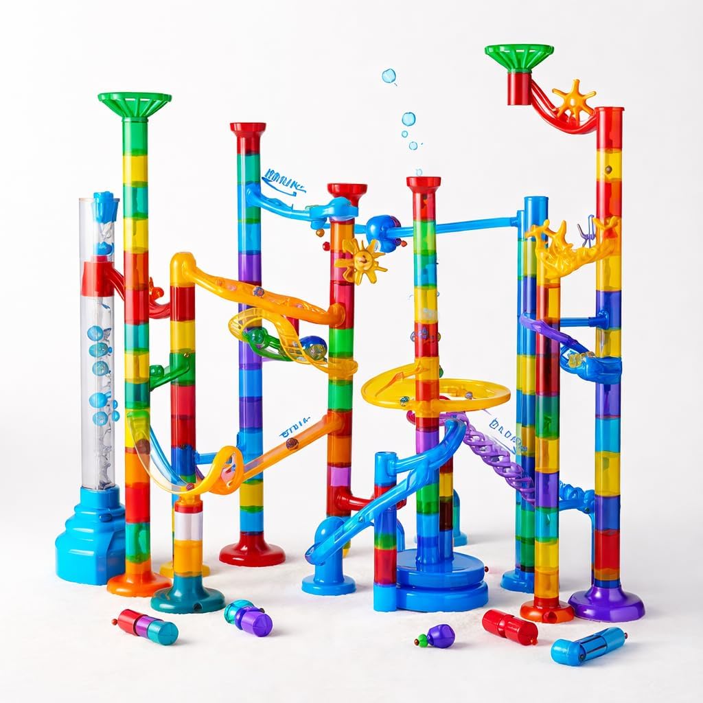Electric Marble Run Toy with Motorized Lift – 3D Building Track Set, Translucent Pipes, Glow Marbles, STEM Learning Construction Toy for Kids（100pcs）