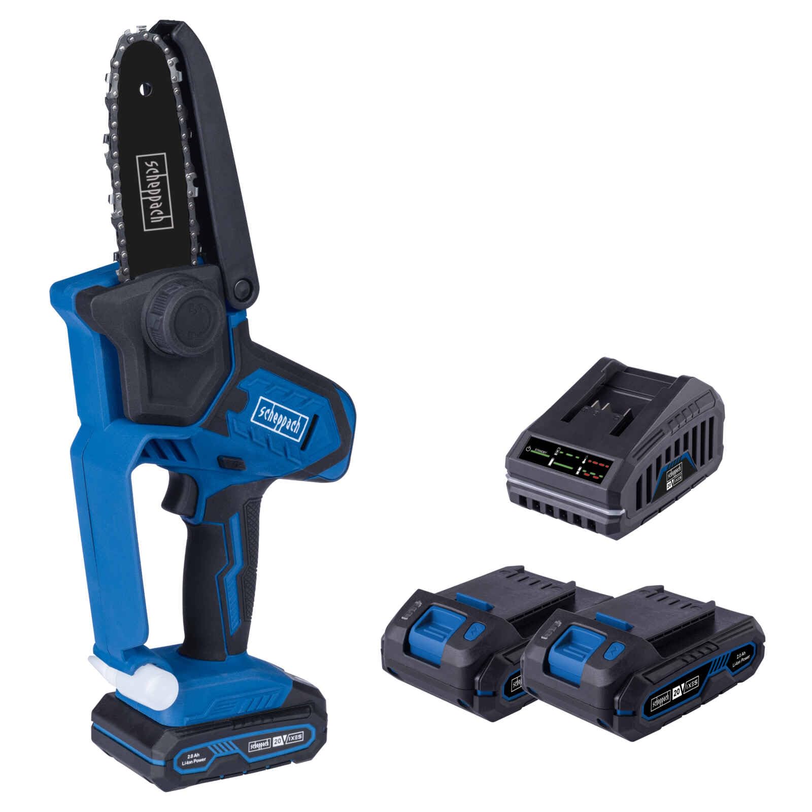 Scheppach Akku Gehölzschneider C-PS100-X Mini Kettensäge | Schnittlänge 127mm | Schnittgeschwindigkeit 4,8 m/s | Schwert & Kette 5" | 20V-IXES-Serie | 10 Jahre Garantie | mit 2x 2Ah Akku & Ladegerät