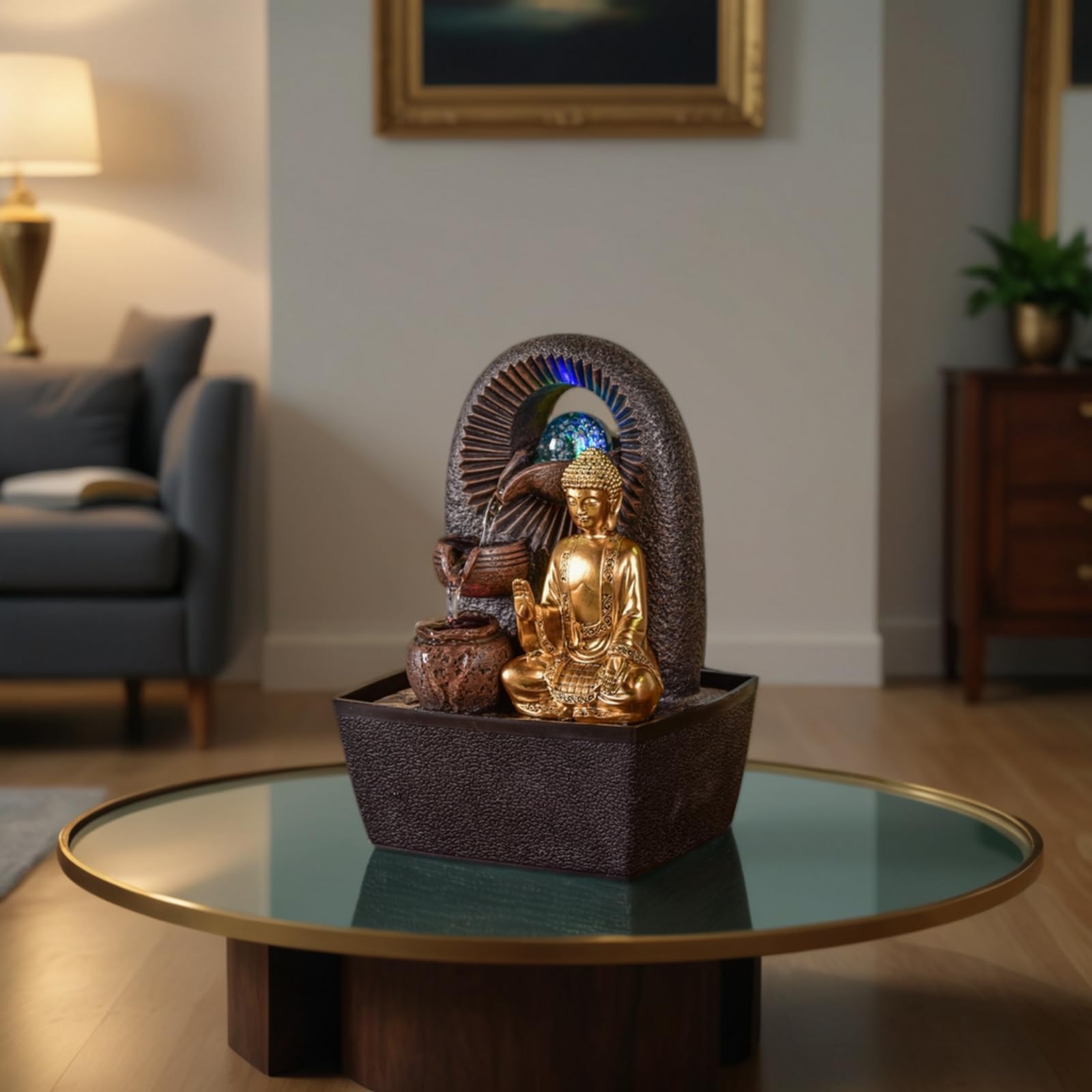 Fontana Buddha Bhava – Fontana interna Buddha rimovibile – Regali – Oggetto decorativo Zen Buddismo – Fontana da tavolo Luce LED – Circuito chiuso – Marrone e Dorato – H 26 cm – Zen'Light