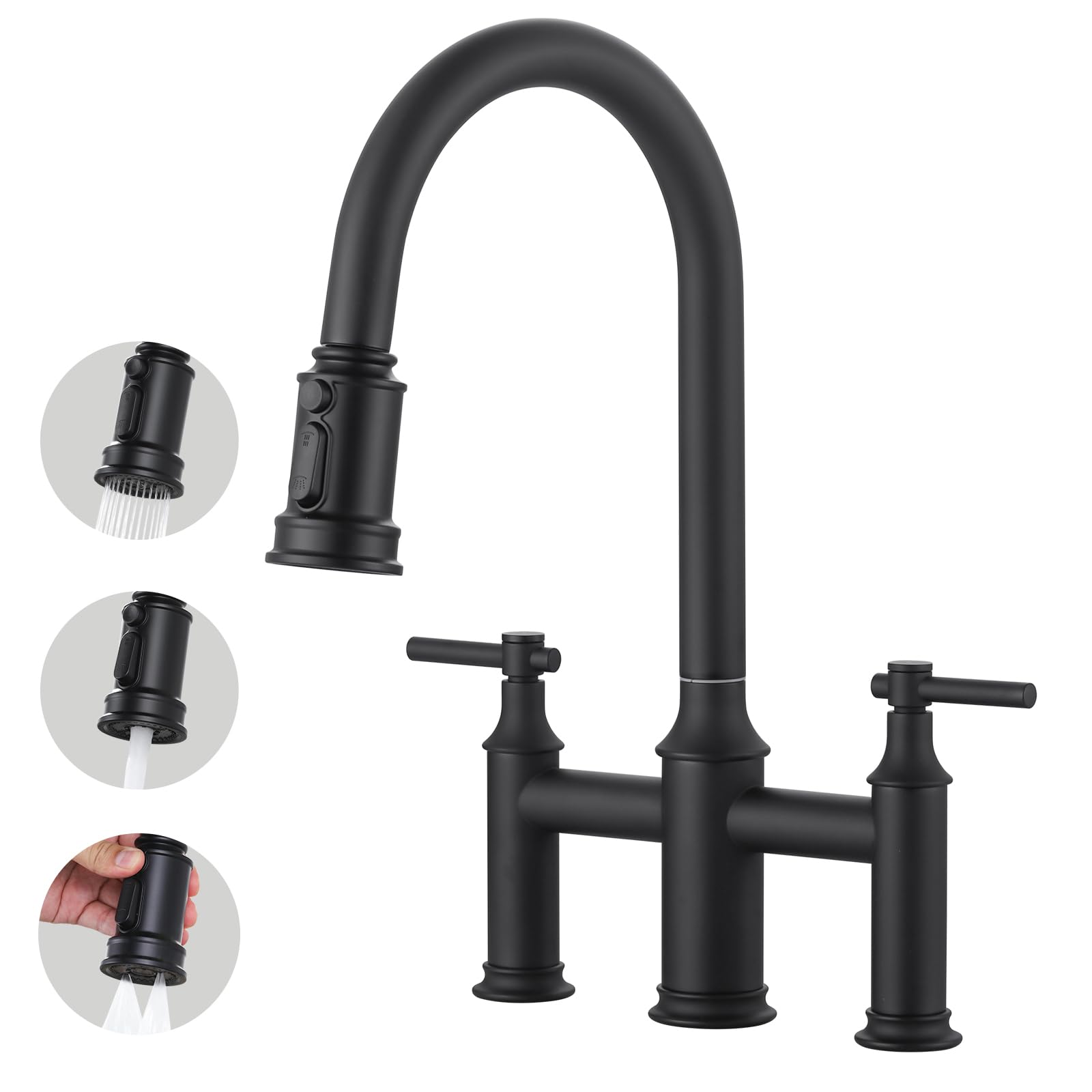 Matte Black Bridge Kitchen Faucet: 3 Holes Brass Bridge Faucet with Pull Down Sprayer - Two Handles 8 Inch Centerset Kitchen Sink Faucet, 360° Swivel Spout