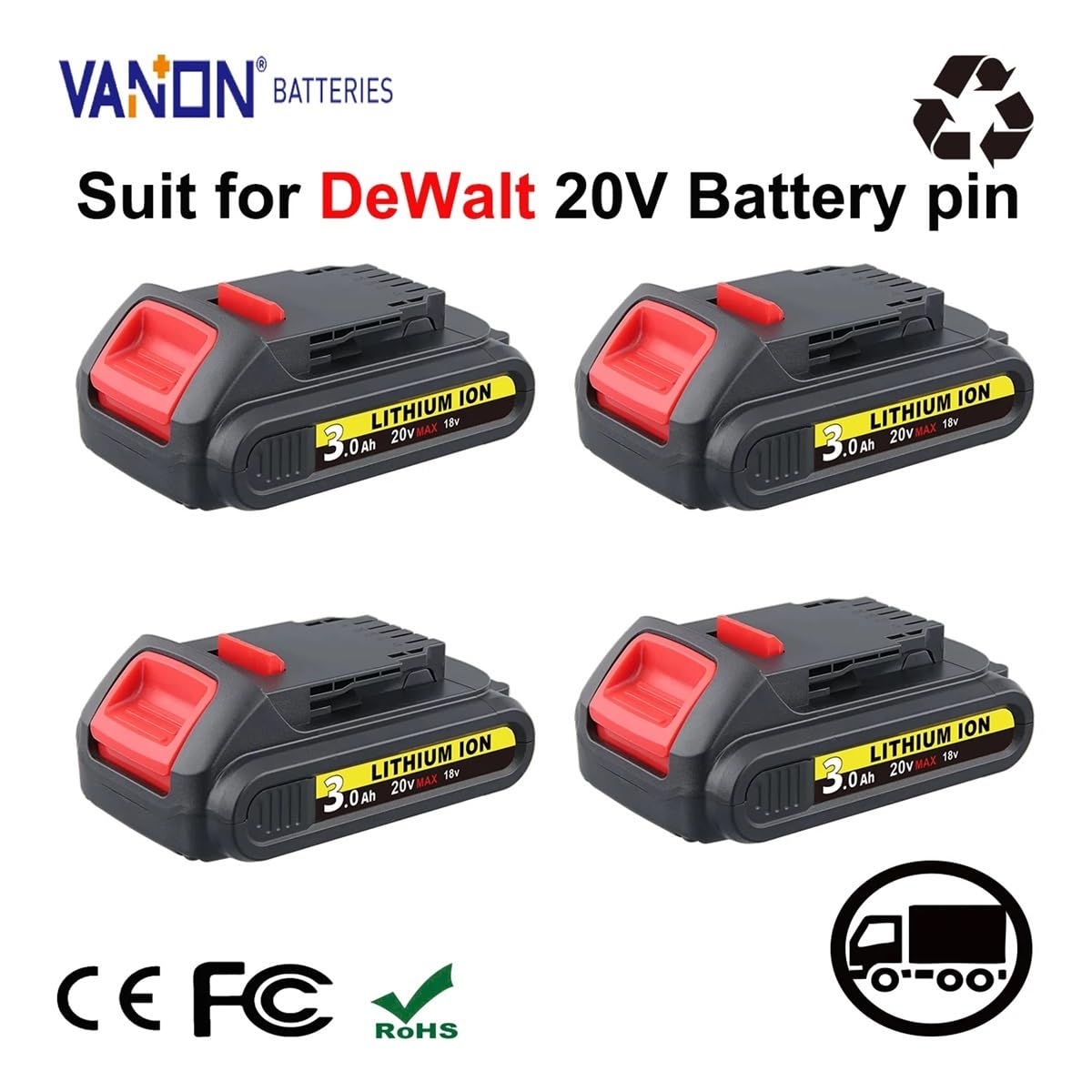 Batteria sostitutiva agli ioni di litio MAX da 20 V compatibile for DeWalt DCB201 DCB204 DCB206 DCB207 - Capacità 3,0 Ah - Opzioni confezione 1/2/4(Red)