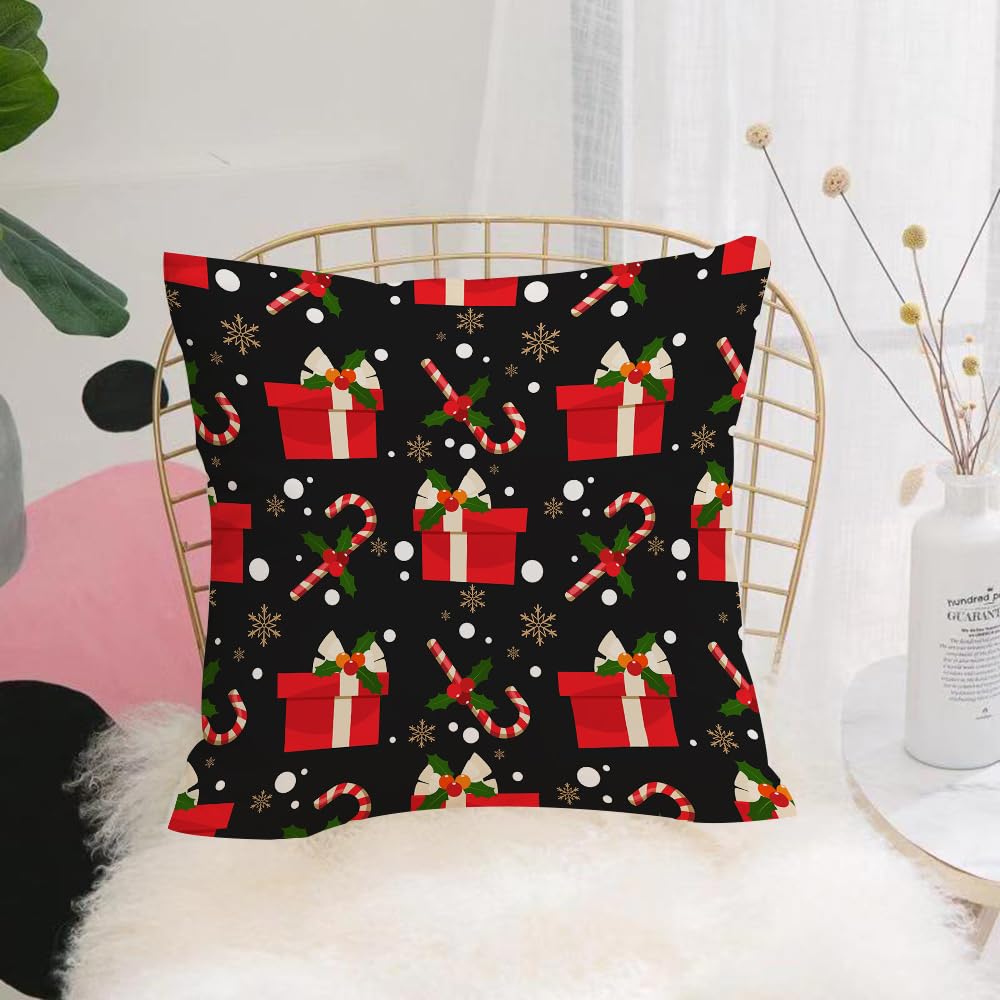 HYOSXW Cushion Cover,Throw Pillow Case Home Decorative for Living Room Bedroom Sofa Chair 16X16 Inch,Christmas elements with candy canes and giftbox Holly leaves and berries ornate,Pillowcase 40X40cm