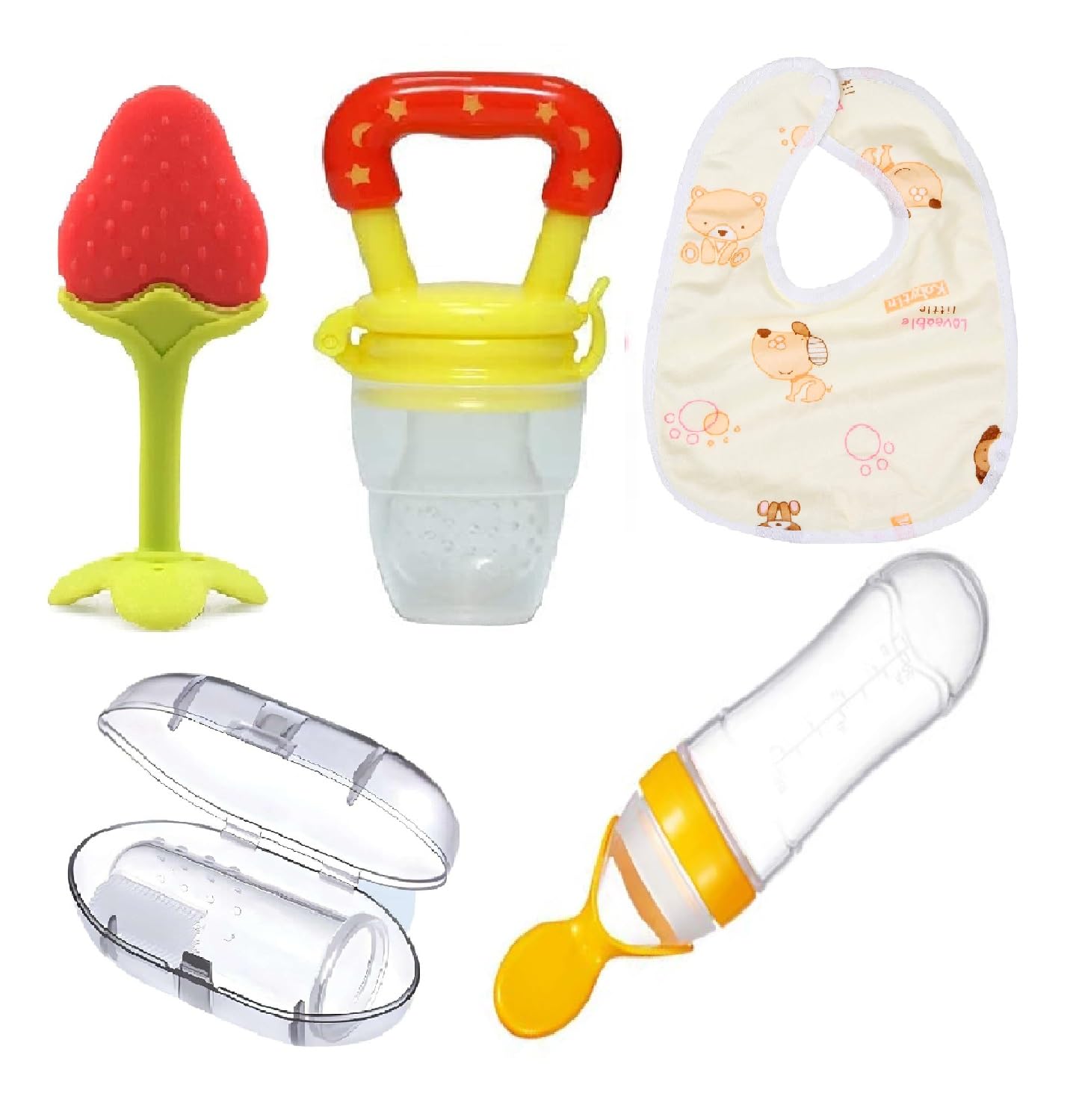 Drisona Fruit Feeder Pacifier 1, with 1 Silicone Food Dispensing Spoon 90ML,1 Fruit Teether, 1 Finger Brush and 1 Bibs (Yellow) Combo Pack of-5-image-37