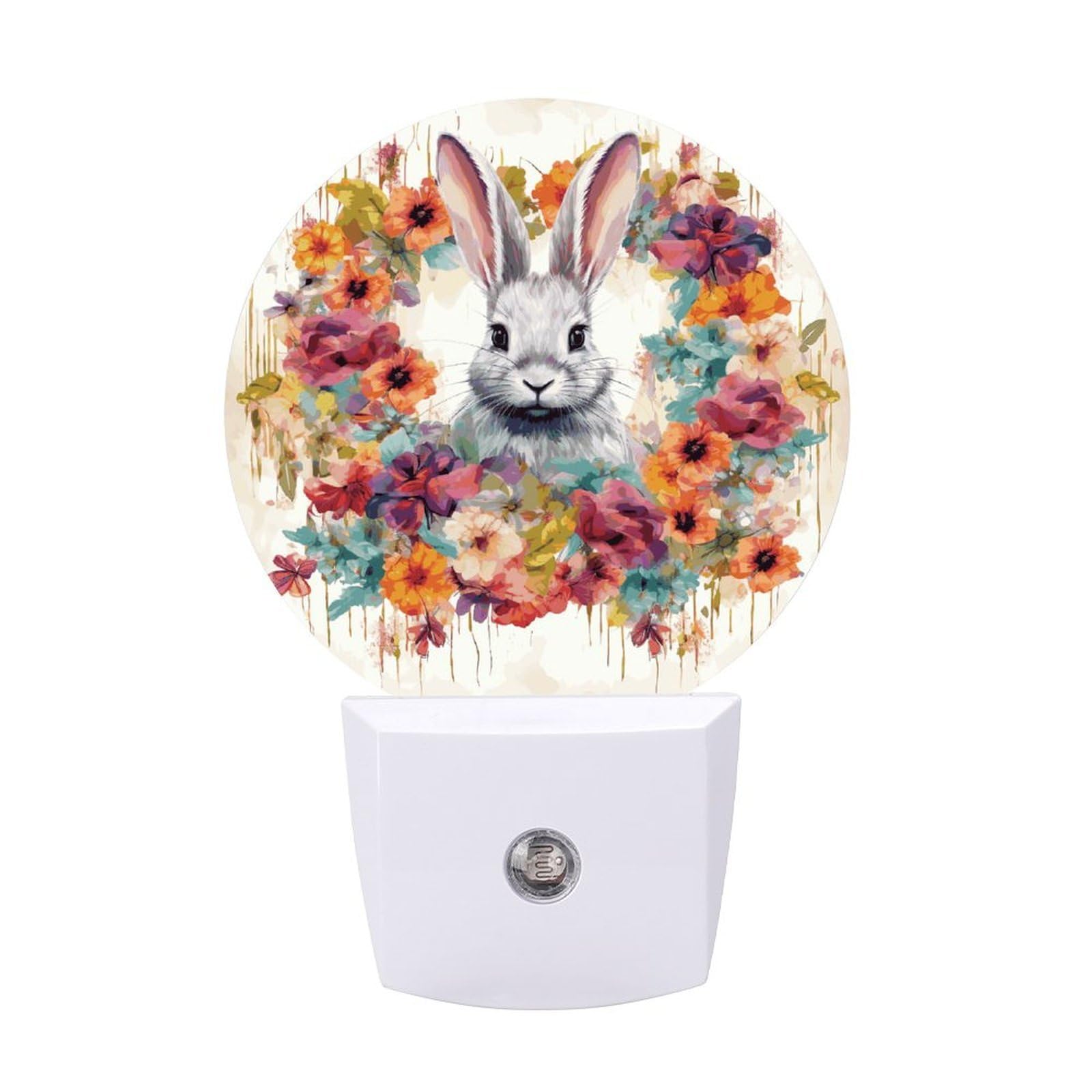 FekiLoot - LED Night Lights for Wall Decor, Ambient Lighting with Light Sensors, Soft Night Light for Sleeping, Warm Watercolor Automatic Rabbit and Flowers Night Light for Adults