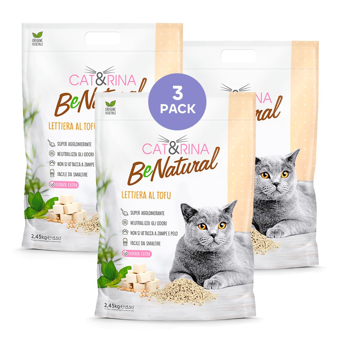 Cat&Rina BeNatural, lettiera per gatti al tofu da 5,5l Agglomerante e Vegetale. Fino a 30 giorni di utilizzo. Si smaltisce nell'organico o nel wc. Sabbia gatti anti odore Classica, 3 pezzi