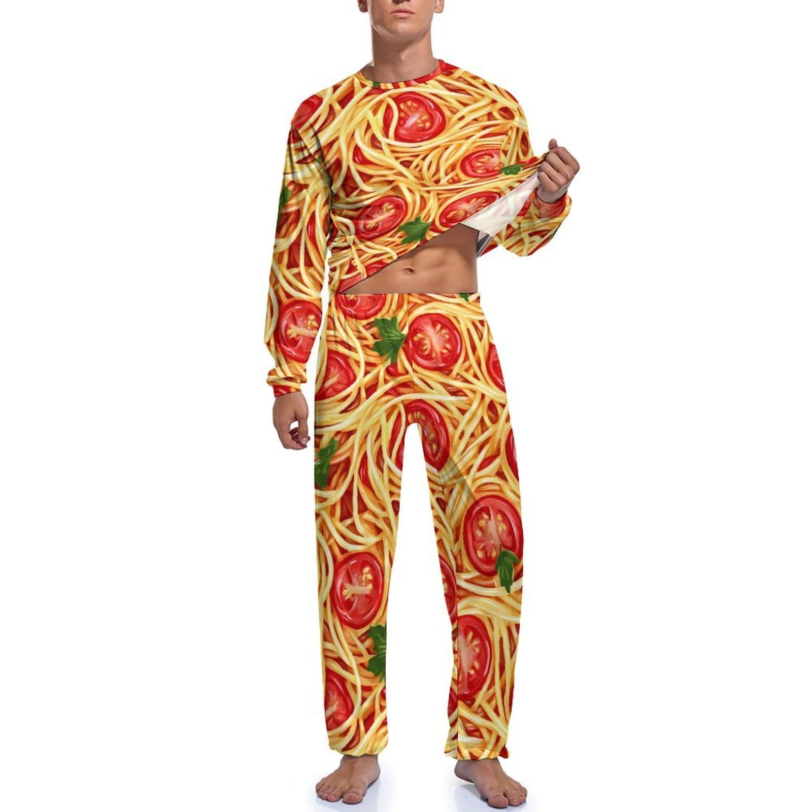 Spaghetti Pasta Noodles Salsa T-omato Pigiama da uomo Set Elastico in vita Sleepwear Girocollo Manica Lunga Setosa Loungewear