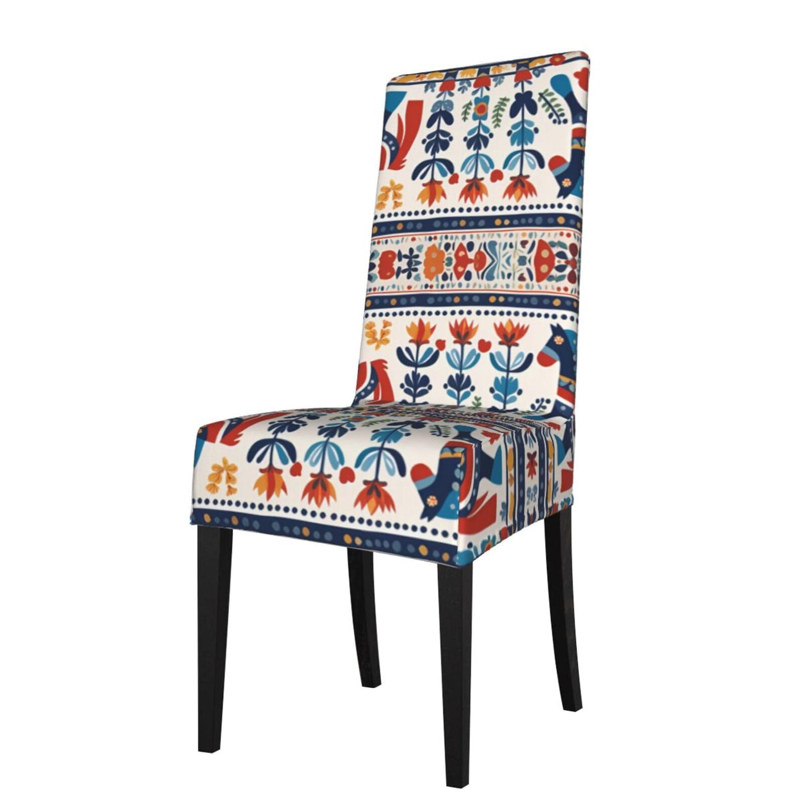 Yyhwhjde Black Swedish Dala Horse Folk Prints Dining Chair Throw Covers - Stretchable Spandex Slipcovers For Chair Protection & Refreshing Your Dining Room