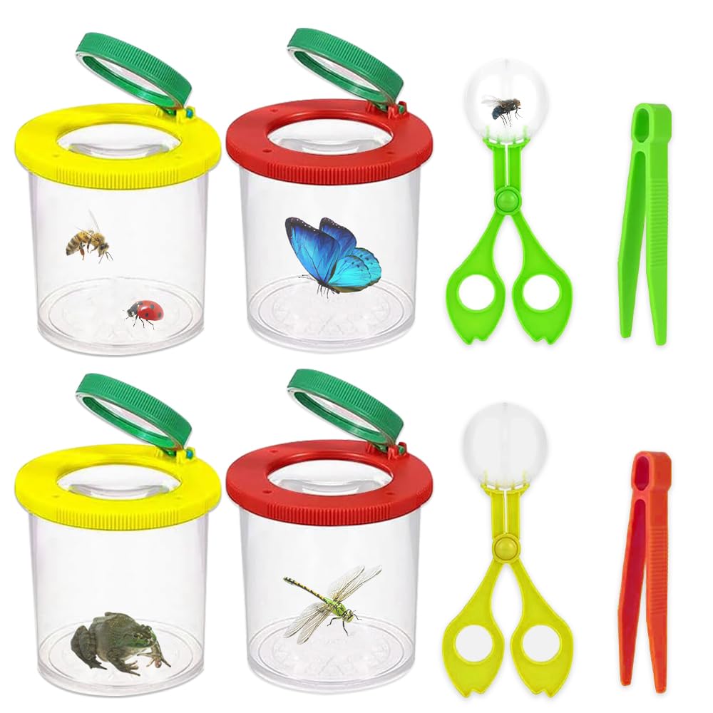 Barattolo Osserva Insetti, 4 Pezzi Scatola d'Ingrandimento per Insetti Portatile con 2 Forbici Pinze Insetti e 2 Pinzette per Bambini Esterni Scienze Educazione Esplorazione e Osservazione