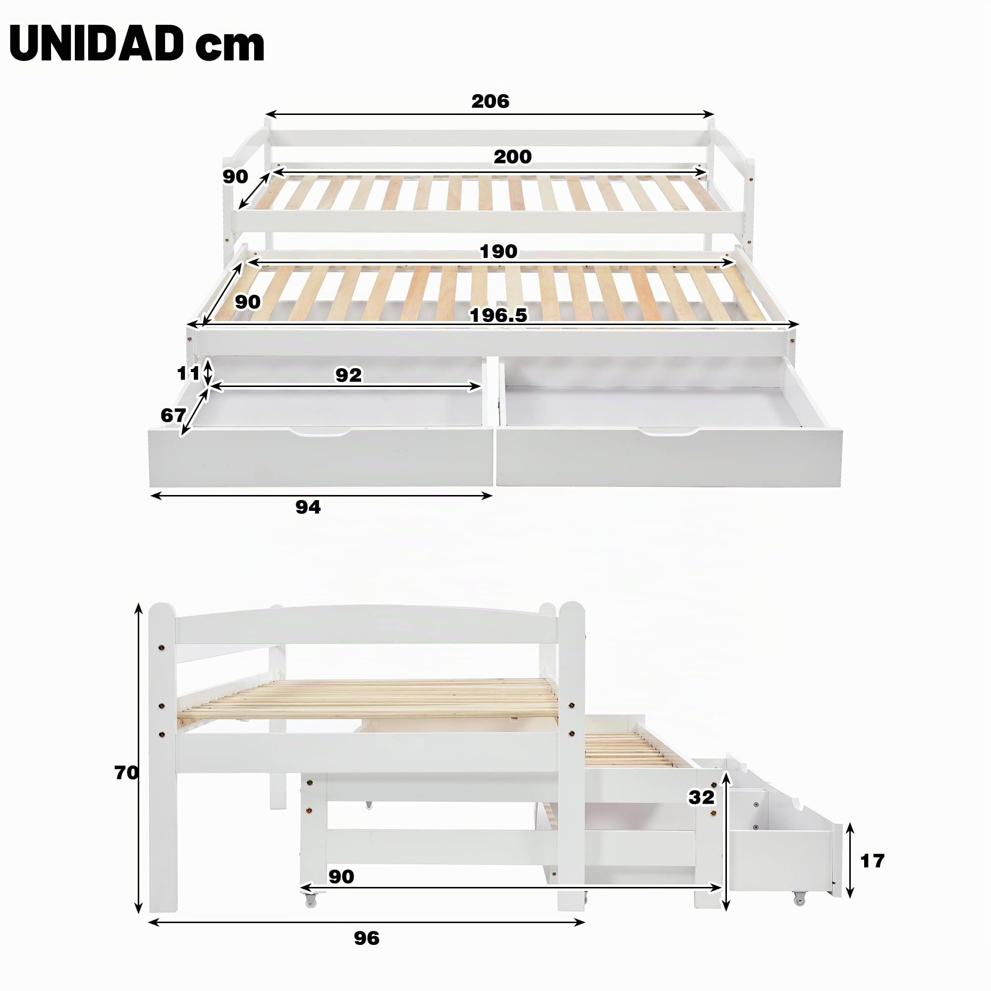Azkoeesy Cama Infantil de 90 x 200 cm con Cama Nido, con 2 cajones, Cama de Invitados, Cama Doble, para niños y Adolescentes, Color Blanco, 29596364WAA