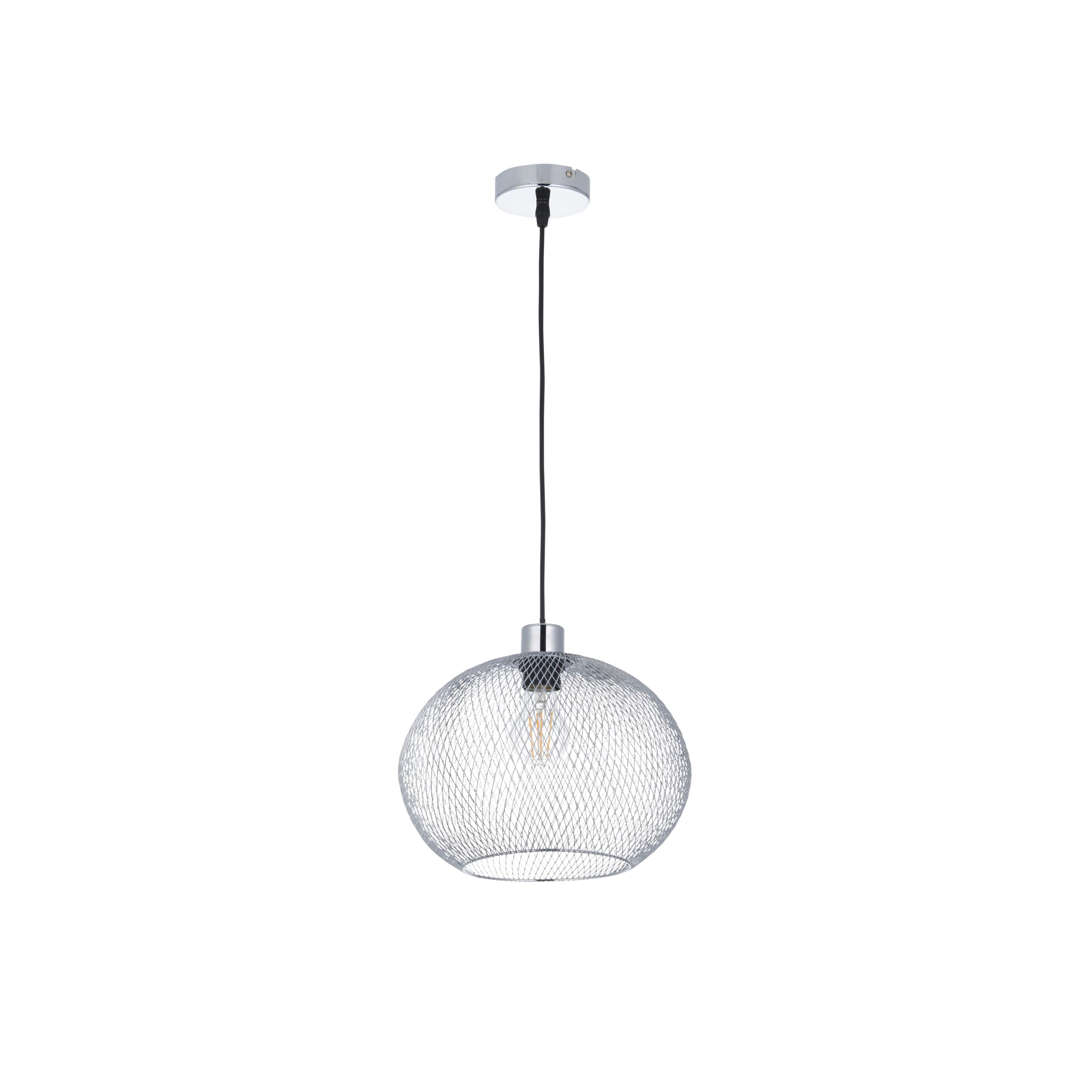 firstchoicelighting Modern Chrome and Black Ceiling Pendant Light Fitting, Metal Mesh Shade, Kitchen Dining Living Bedroom Lighting, Diameter 30cm, Height Adjustable, Dimmer and LED Compatible