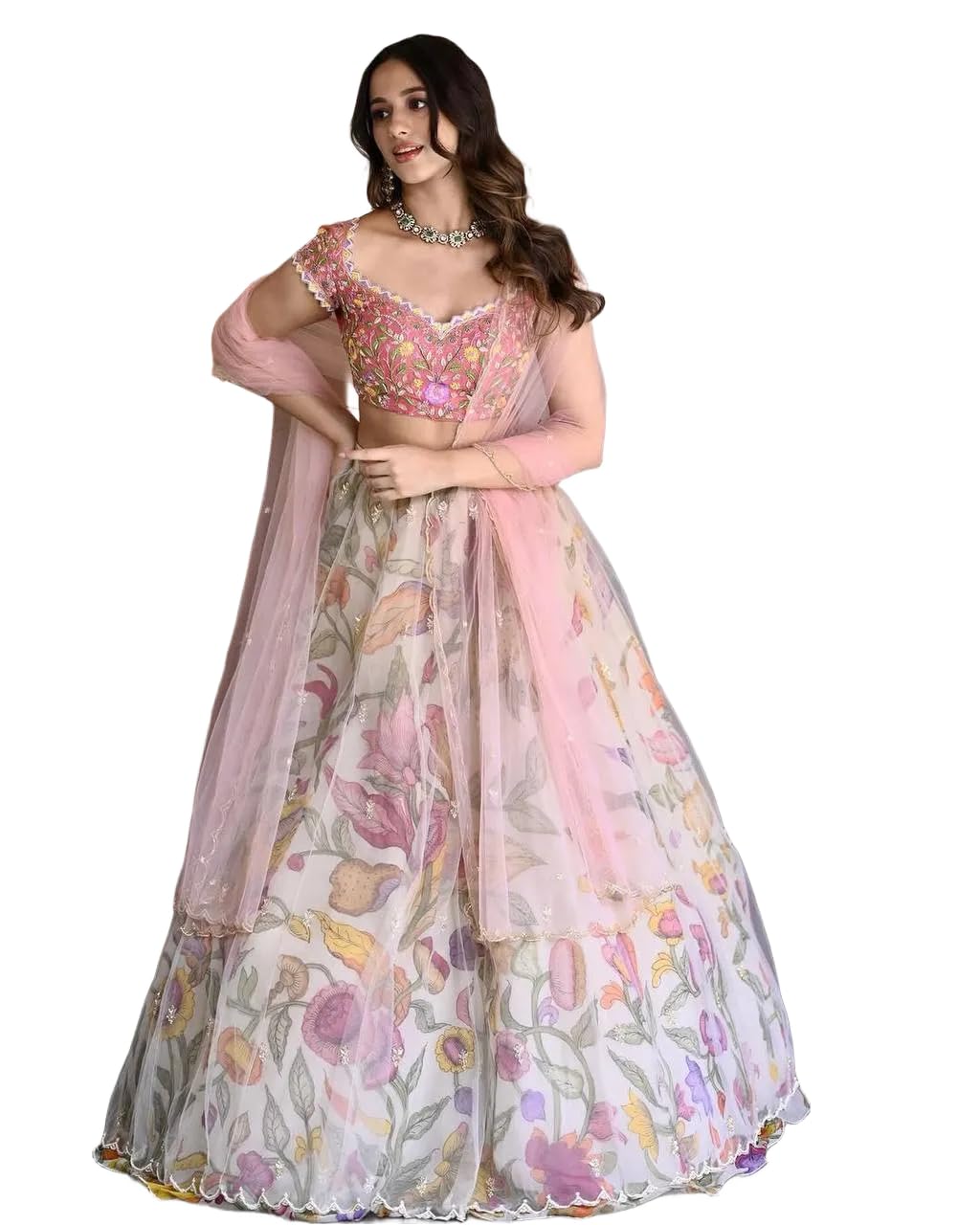 Printed Chinon Silk Lehenga Choli with Sequins Embroidered Net Dupatta & Stitched Banglory Silk Blouse for Women-image-6