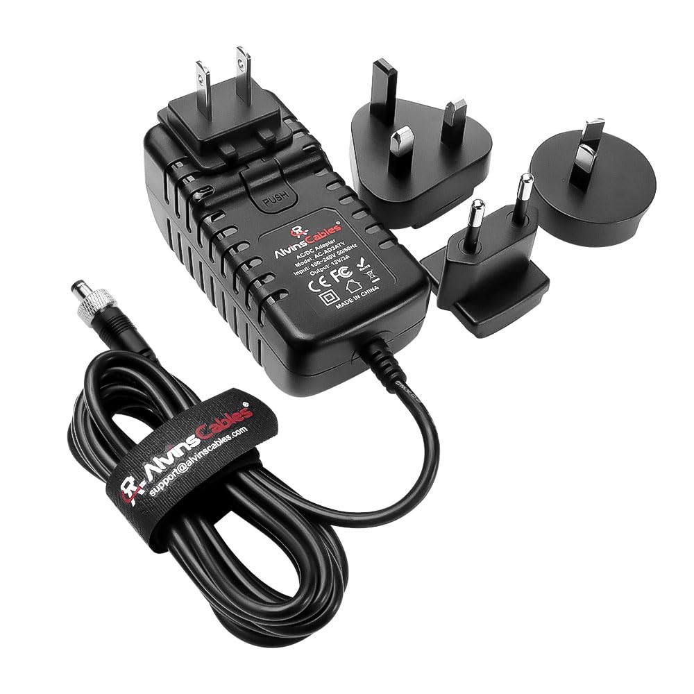 Alvin's Cables Verrouillage Adaptateur d'alimentation DC AC 100V-240V 12V 3A Universal Wall Plug Charger 5.5x2.5mm pour Atomos Ninja V,Blackmagic Video Assist,Smallhd,avec UK EU AU US PLIGS 2M/6.6ft