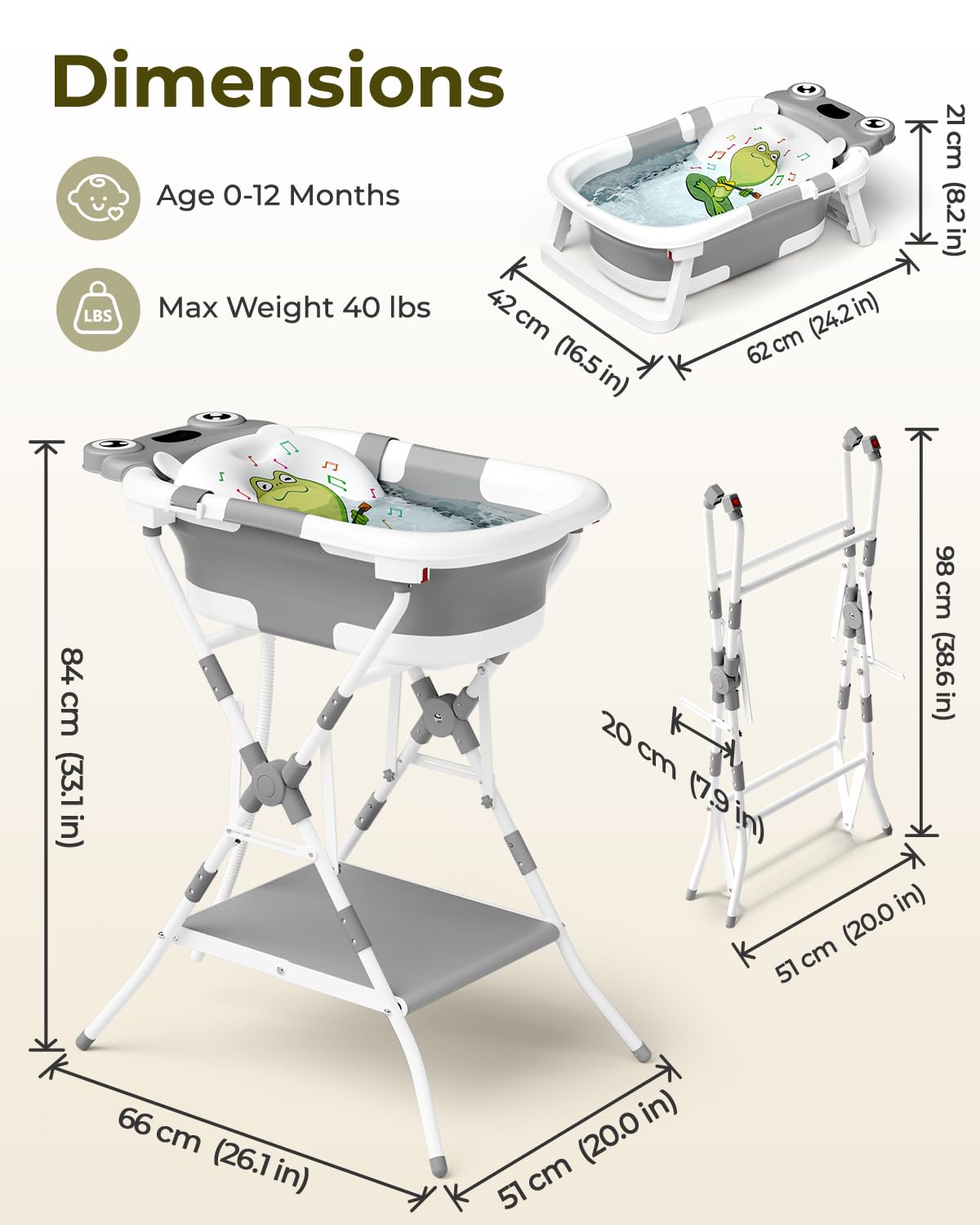 COOSEYA Bañera plegable 3 en 1 con soporte, bañera para bebés desde recién nacidos hasta niños pequeños con cojín de apoyo suave, diseño plegable para viajes y exteriores, 0-18 meses