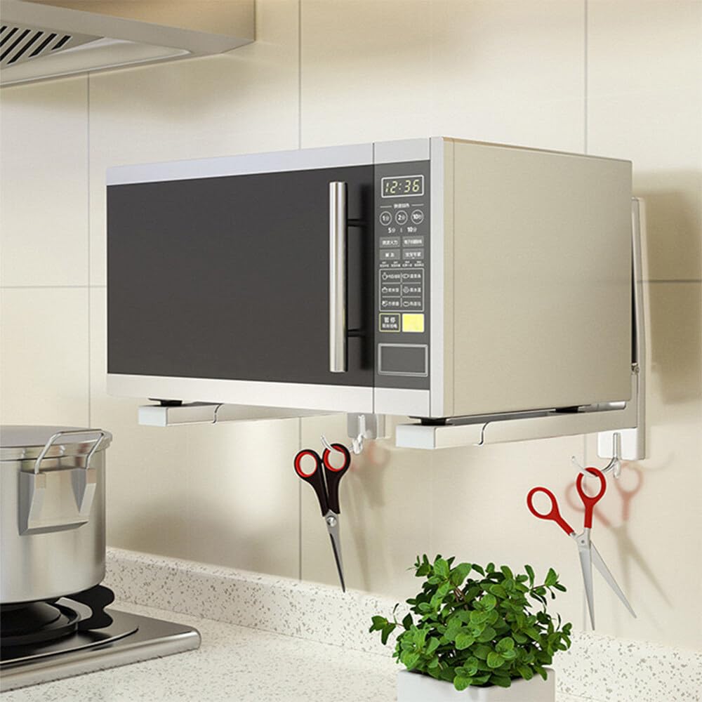 Staffa per Microonde, Supporto per Microonde in Acciaio Inox con 2 Gancio, Braccio Telescopico, Estensibile 20 – 40 cm, Supporto per Forno a Microonde da Parete