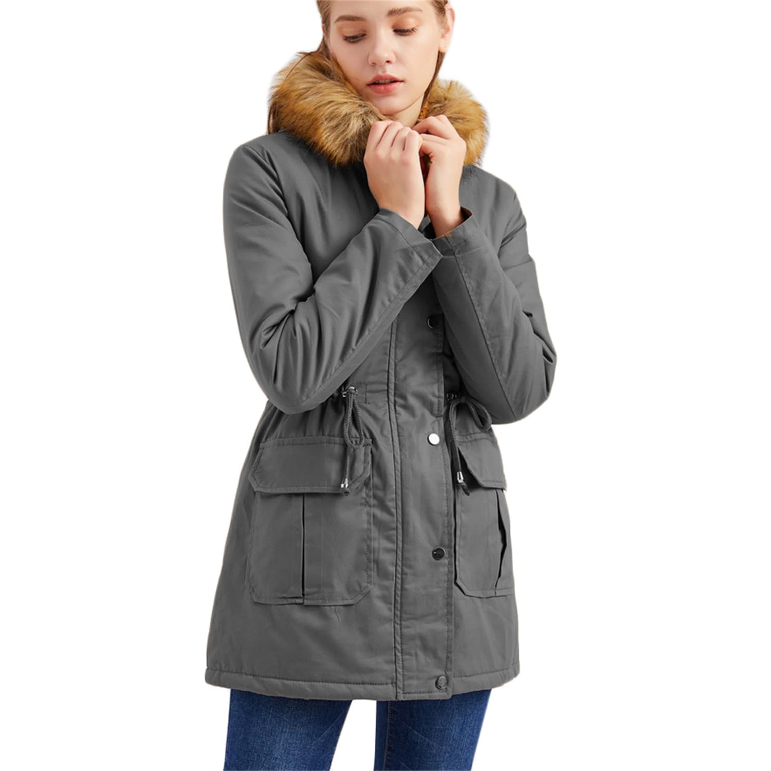 Générique Femmes hiver long à capuche Sherpa doublure parka manteau thermique ajustement serré