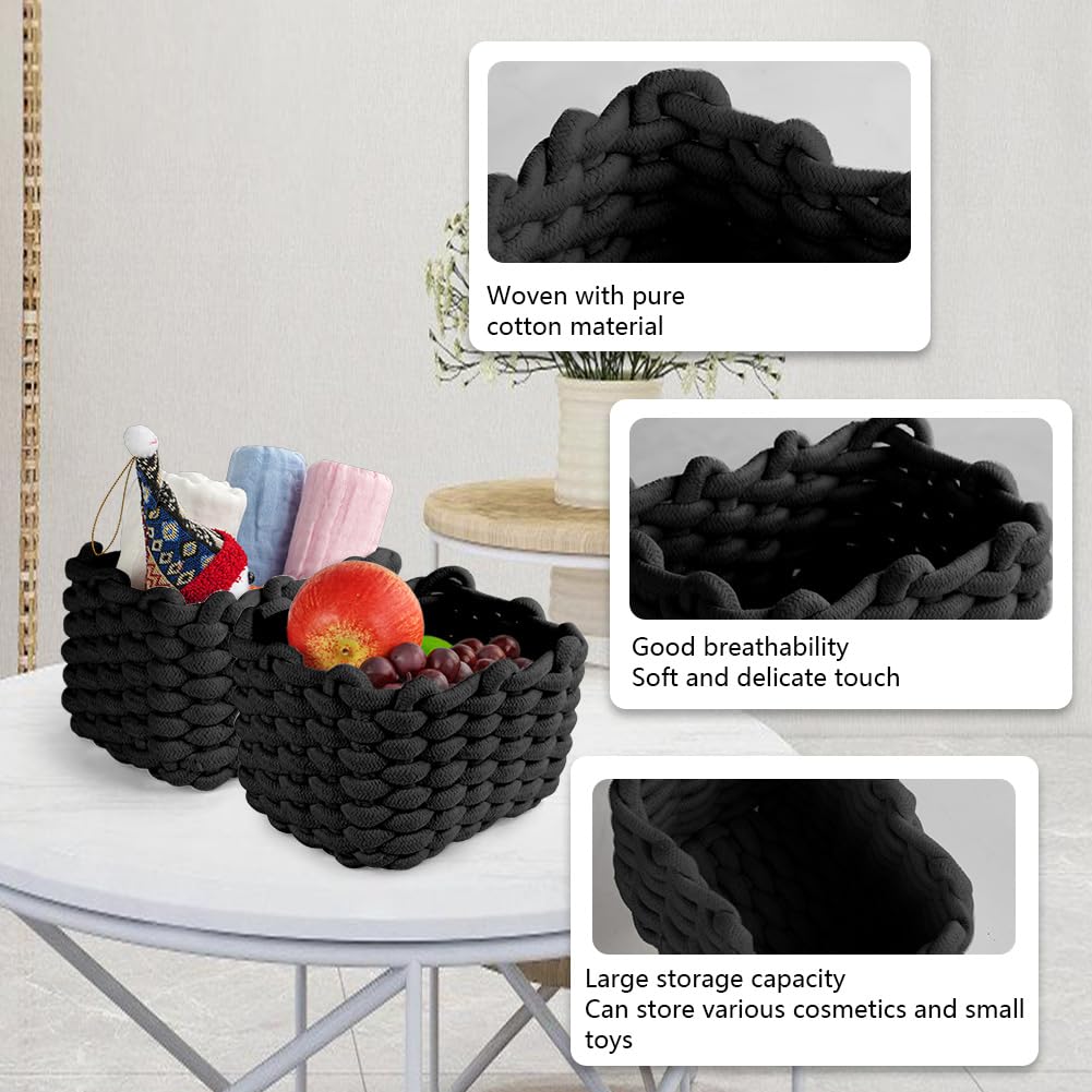 Aolso Cesto Portaoggetti in Corda di Cotone Intrecciato, 2pcs Contenitore Bagno Portaoggettii, Cestino Cameretta,Cestini Decorativi Quadrati per Portaoggetti per Trucchi,Giocattoli, Calzini, Nero