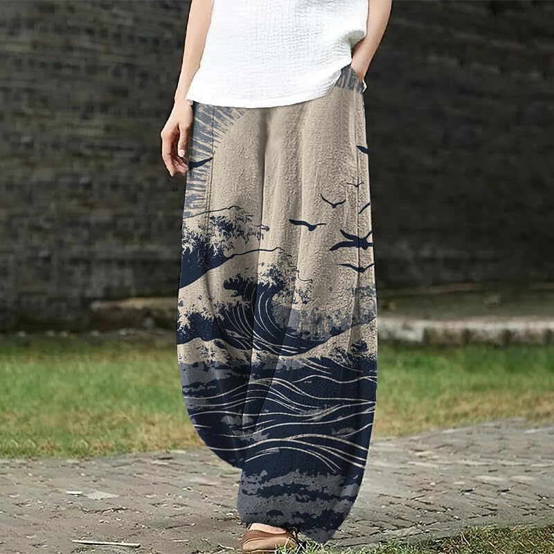 HOTYD Women's Cotton Linen Pants Summer Causal Baggy Wide Leg Pants Waist Elastic Loose Fit Lantern Trouser with Pockets2