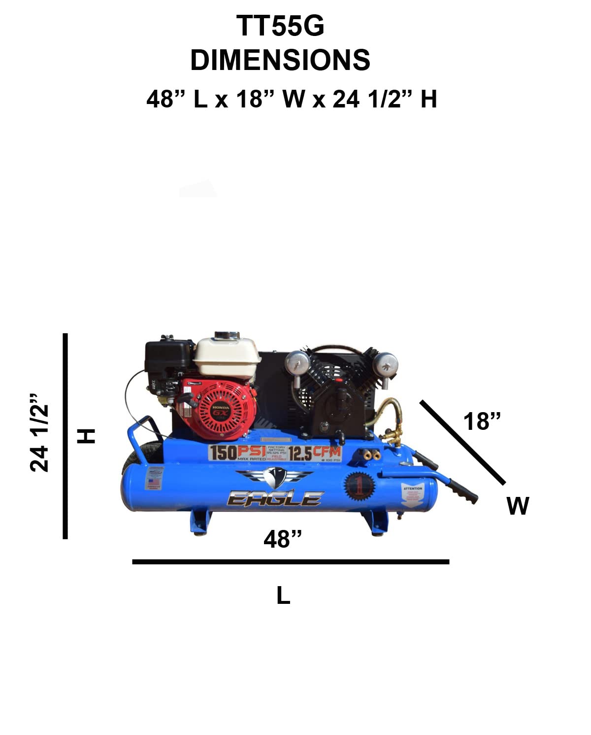 Eagle 5.5HP Honda Air Compressor, Twin Tank Wheelbarrow 12.5CFM @100psi (150psi max)