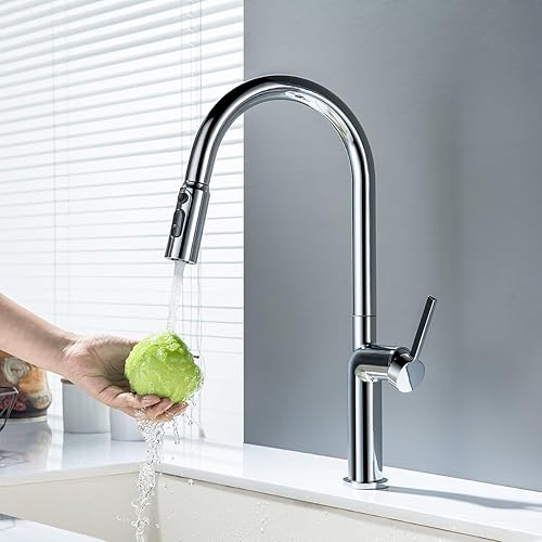 Miniatura 4 de Grifo de cocina extraíble, 3 modos de agua, con placa de cubierta, 360 giratorio preenjuague de arco alto grifo de fregadero de cocina cromado