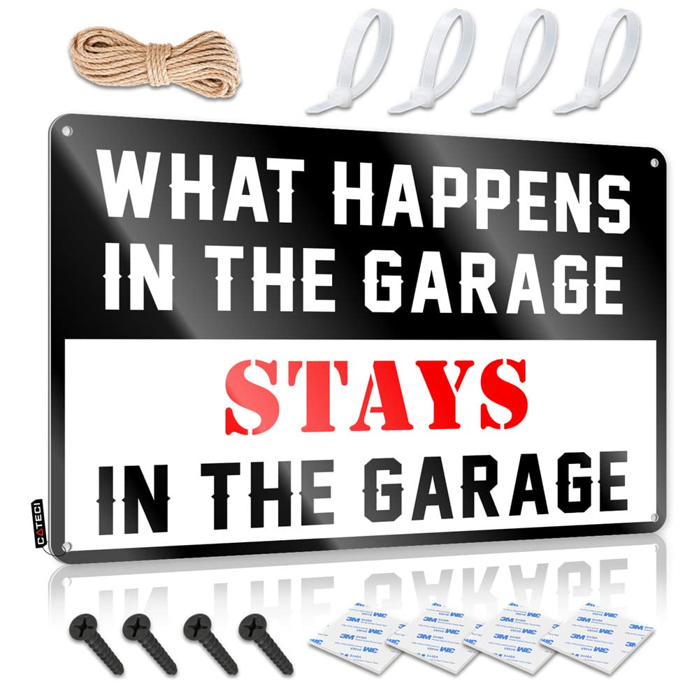 HELIOFORGE Retro Tin Signs What Happens In The Garage Stays In The Sign Drinking Signs Funny Metal Vintage Signs(30X40CM)