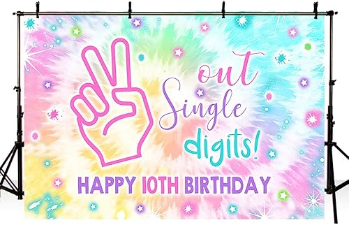 Miniatura 4 de Sendy Telón de fondo de un solo dígito de 7 x 5 pies para decoración de fiesta de cumpleaños número 10 para niña, diseño de arco iris, texto en