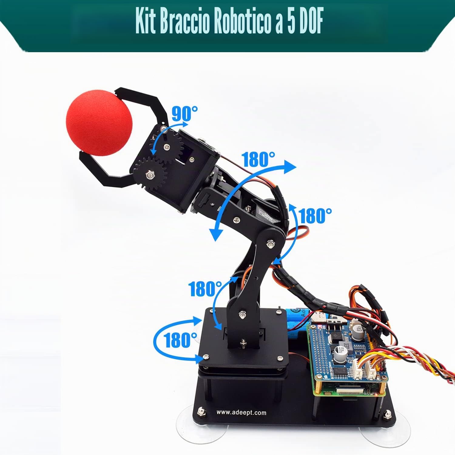 Adeept Kit braccio robotico 5-DOF per Raspberry Pi 4 B 3 B+ B A+, programmabile fai da te codifica STEM braccio robot educativo a 5 assi con codice Python e tutorial (PDF) (nero)