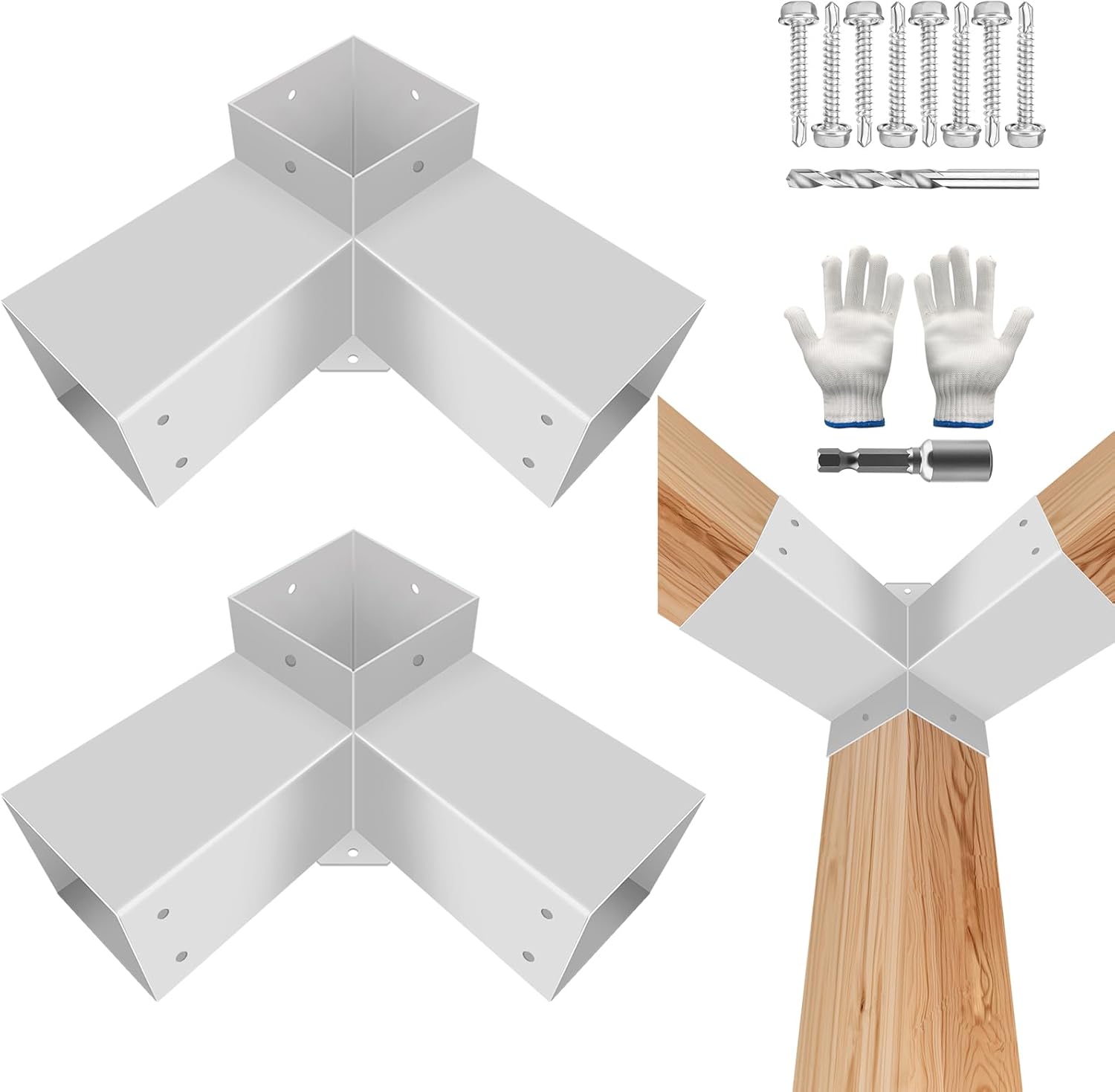3-Way Pergola Bracket Kit,DIY Right Angle Corner Woodwork Brackets for 4"x4" (Actual:3.5"x3.5") Lumber,White Pavilion Gazebo Brackets for Patio Pergolas,Prochs,Log Cabin W/Hardware - 2Pack……