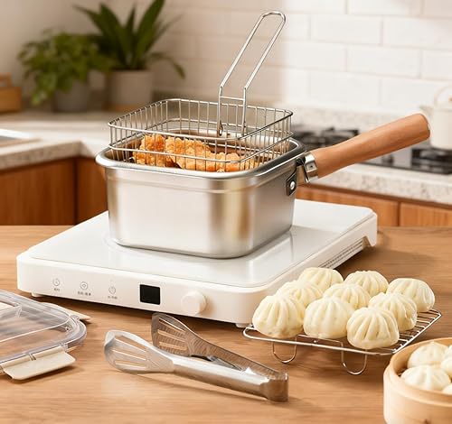 Miniatura 7 de Freidora de acero inoxidable, olla cuadrada con cesta y tapa, sartén profunda portátil con asa, colador de aceite, olla multifuncional para freír