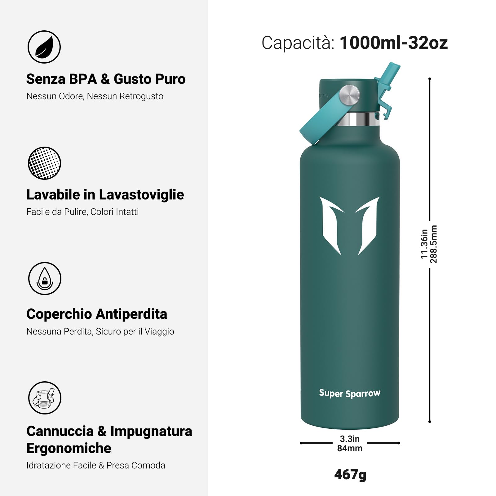 Super Sparrow Borraccia Termica, Acciaio Inox Bottiglia Termica - 350ml, 500ml, 750ml, 1L - Senza BPA Borracce, Borraccia Bambini per Scuola, Sport, Campeggio, Yoga, Palestra, Ciclismo
