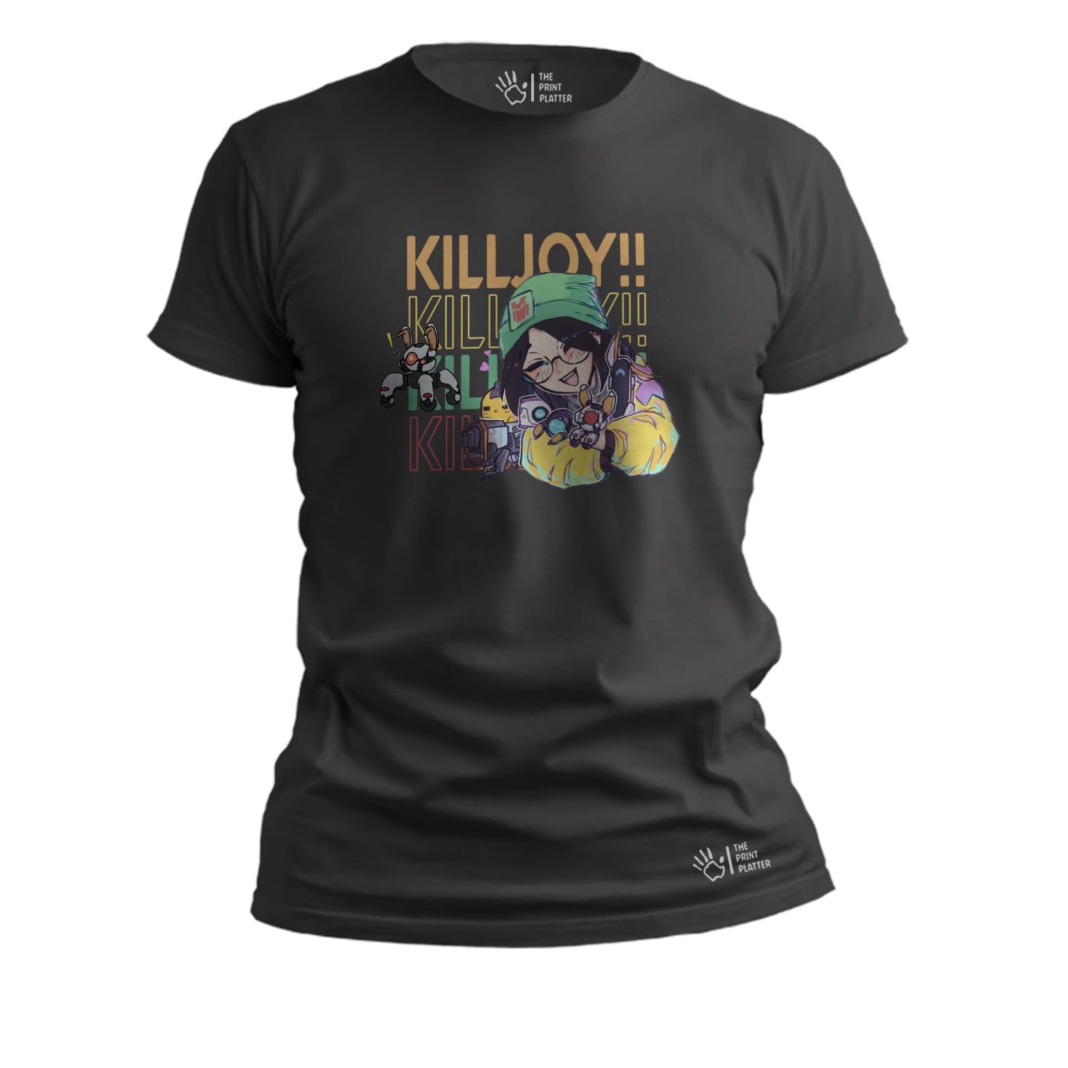THE PRINT PLATTERKilljoy Black Cotton T-Shirt with Digital Print | Valo Round Neck | T-346