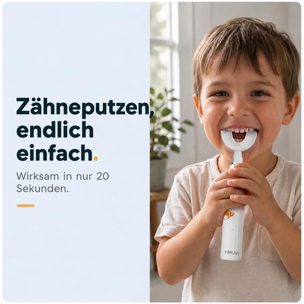 Automatische Zahnbürste Kinder U-Form Y-Brush KidsBrush Schall – ab 4 J. | Schluss mit dem Abendkampf: 20 Sek. in U-Form | Schall | von Zahnärzten | 2× effizienter | IPX7 wasserdicht | 4-12 Jahre