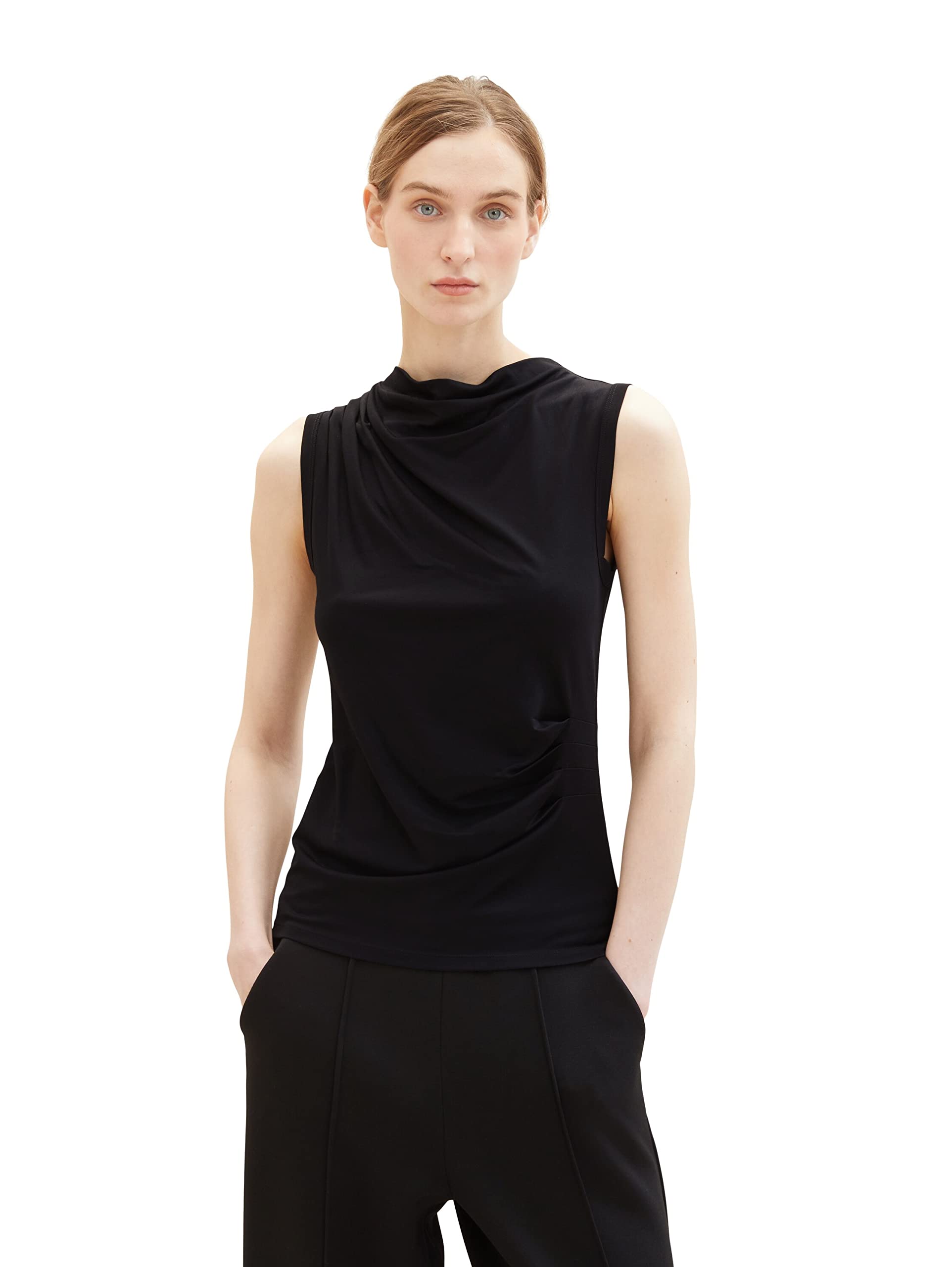TOM TAILOR Women's Basic Top with Ruffles, 14482 - Deep Black, XS