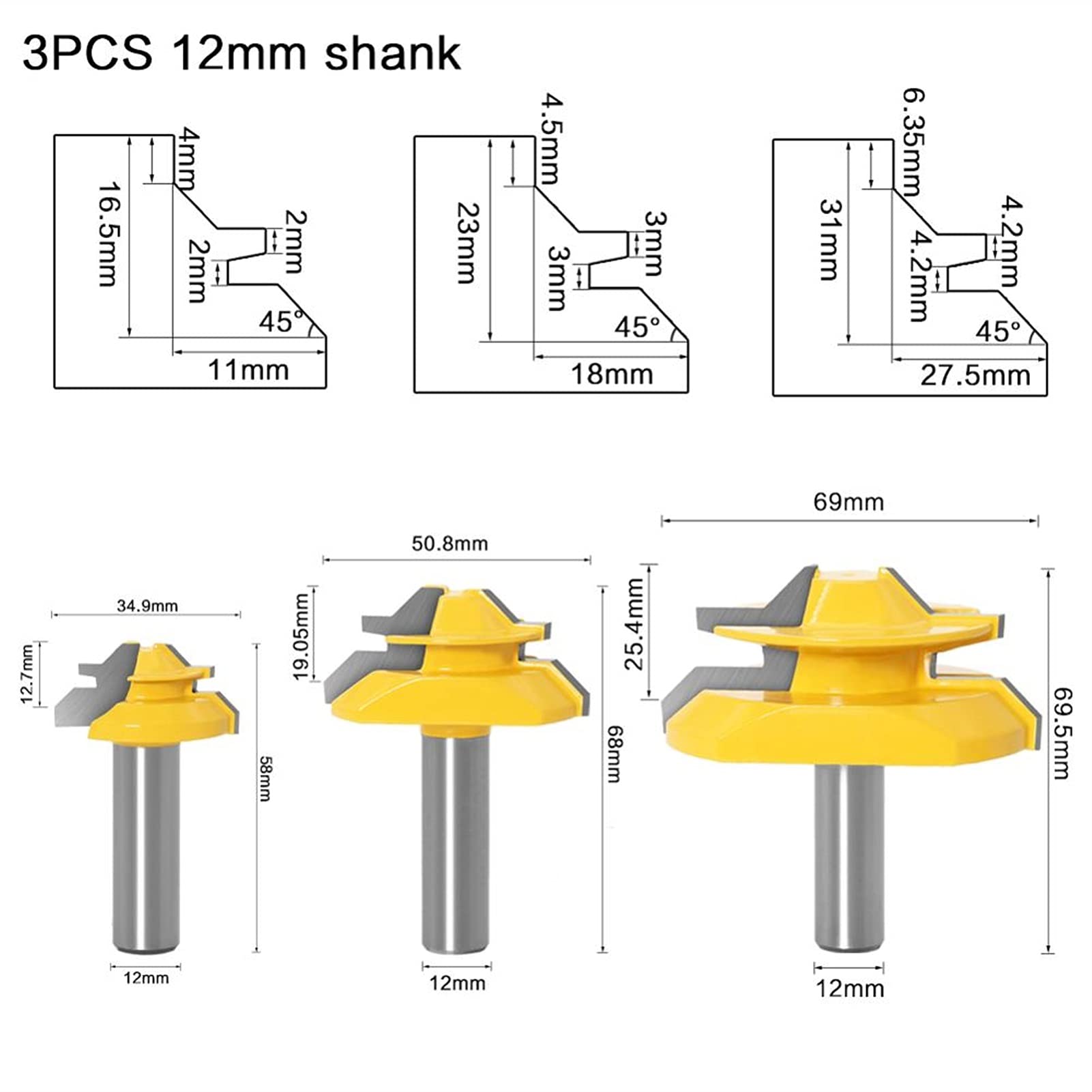 1/3 Sztuk 45 Stopni Router Bit Ustawianie narzędzi do obróbki drewna frezowy frez Frezy trzpieniowe JIYAMI'EN EL (Size : 12.7X69mm)