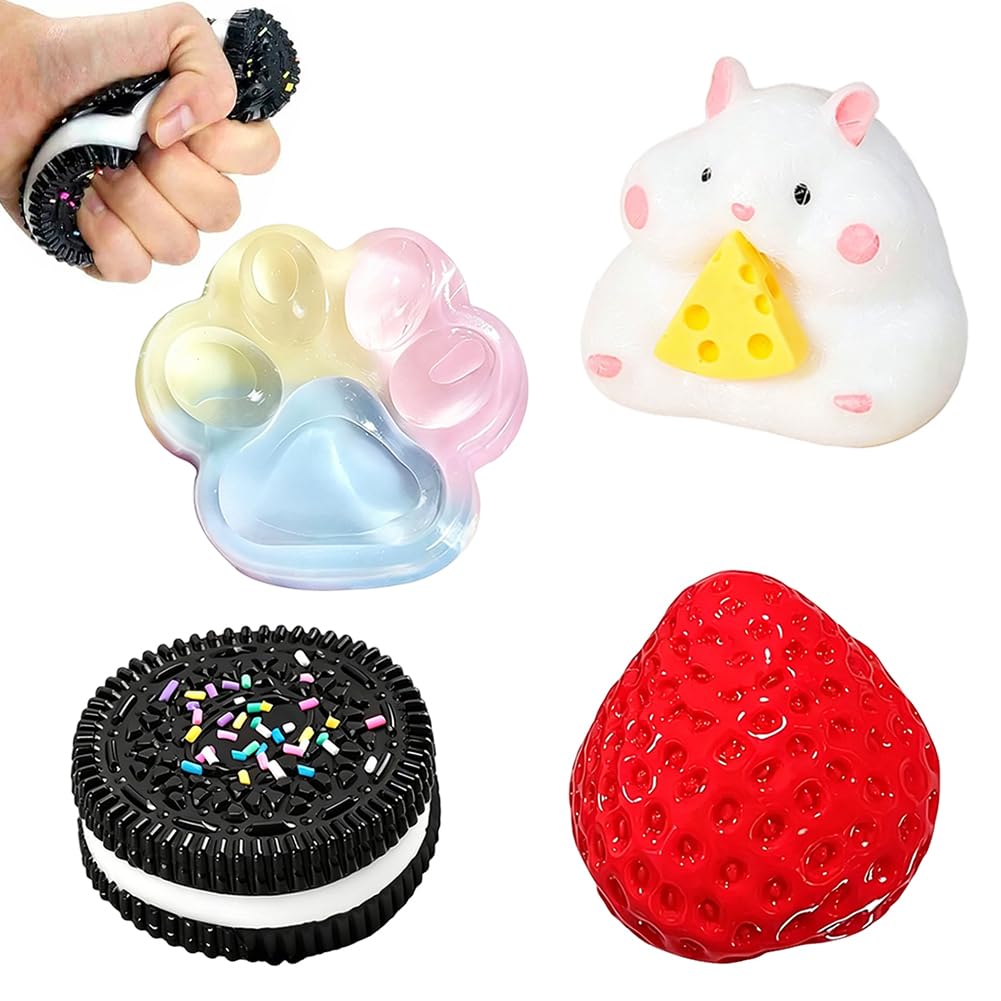 4 Pcs Mini Squishy Toys Set, Cute Soft Stress Relief Toys, Mochi Squishy Stress Balls, Strawberry Biscuit Cat Paw Hamster, Sensory Play Fidget, for Stress Relief Anxiety Relaxation, Party Favors Decor