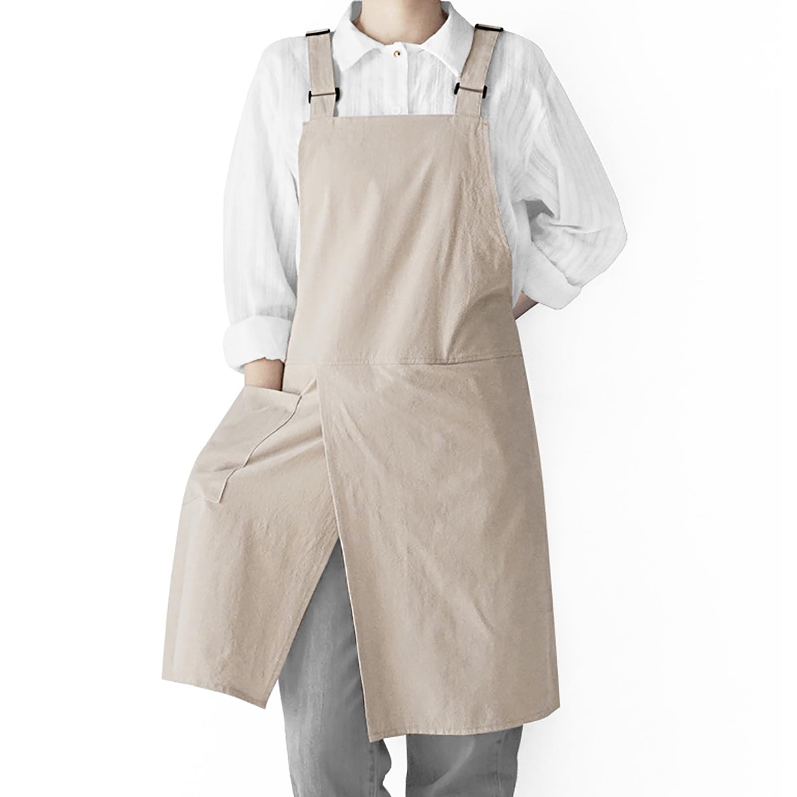 Tablier de cuisine unisexe en coton et lin avec bretelles réglables en forme de H avec poches pour cuisine, barbecue, peinture, fait à la main
