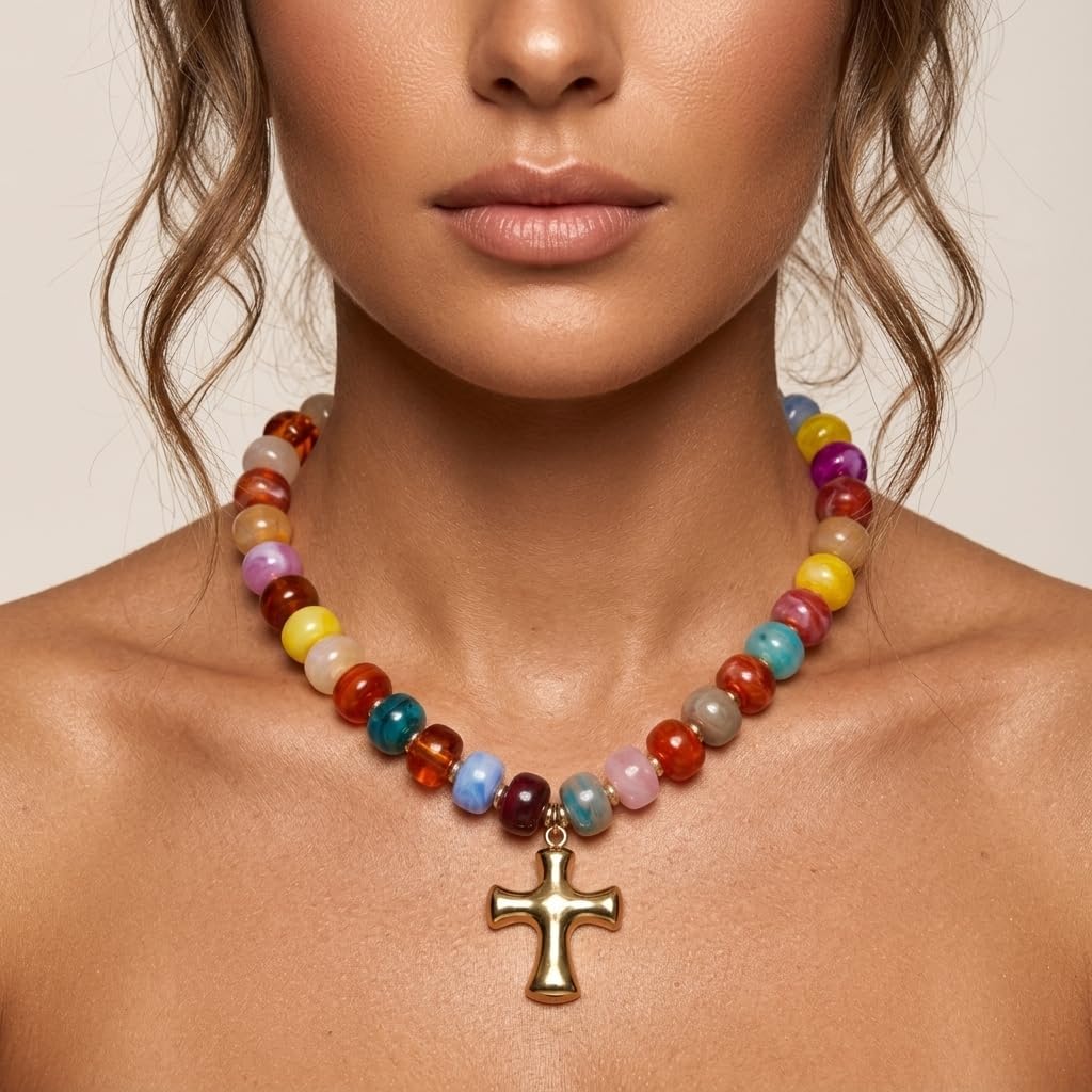 Chunky Cross Necklaces for Women,Colorful Resin Big Beads Beaded Choker Necklace Statement Fashion Trendy Summer Colorful Christian Necklaces Holiday Vocation Religious Jewelry Gifts Friendship