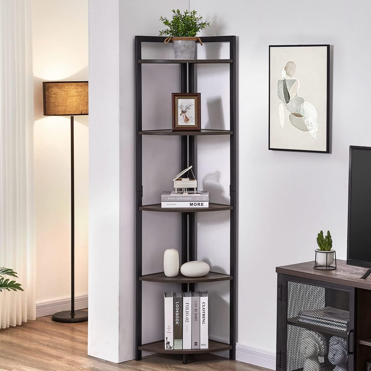 FATORRI Rustic Tall Corner Shelf, 5 Tier Industrial Corner Bookshelf for Living Room, Dark Wood and Metal Corner Plant Stand for Home Office (Walnut Brown)