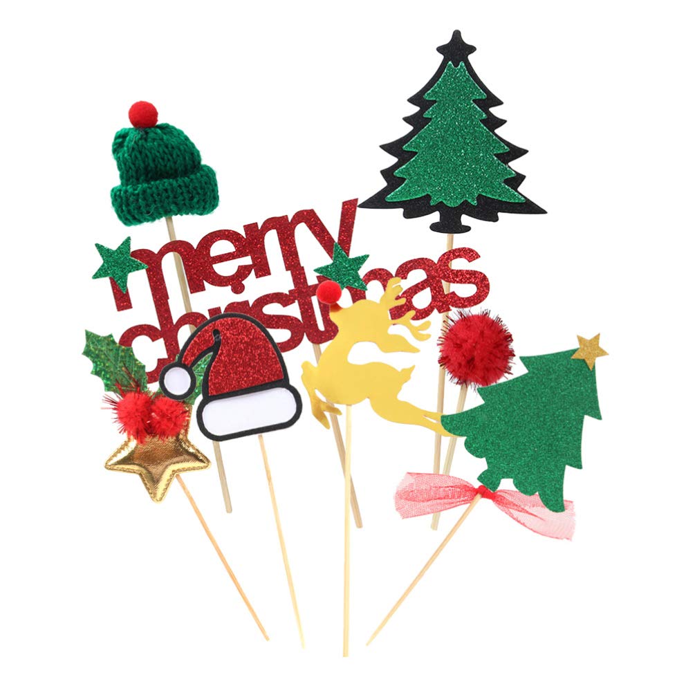 Toyvian 12pcs Christmas Cake Toppers Glitter Cupcake Toppers Christmas Cake Decorations for Party