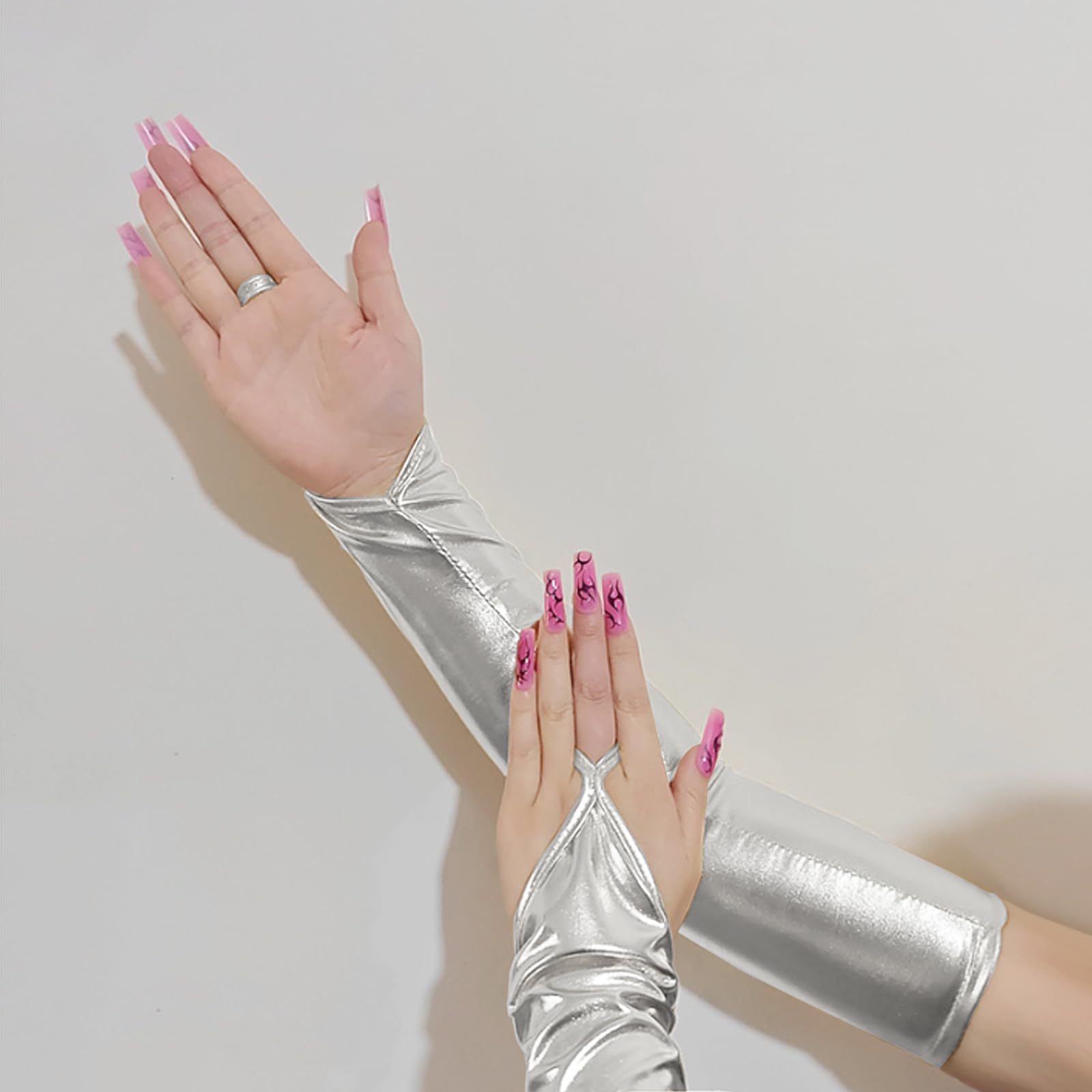 GWAWG Silver Metallic Gloves,Long Fingerless Metallic fingerless Patent Leather Shiny Elbow Length Gloves,Evening Opera Party Costume For Stage Cosplay Night Club - Image 2