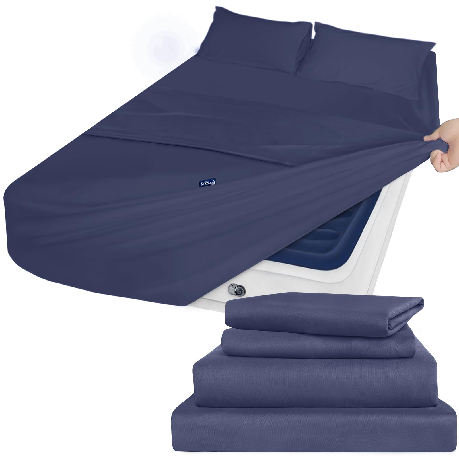 Deep Pocket Full Sheet Set - Full Size Sheet Sets for Air Mattress - Breathable & Extra Soft Easy Fit 16in to 24in Mattress - 4 Piece Set - Navy Blue