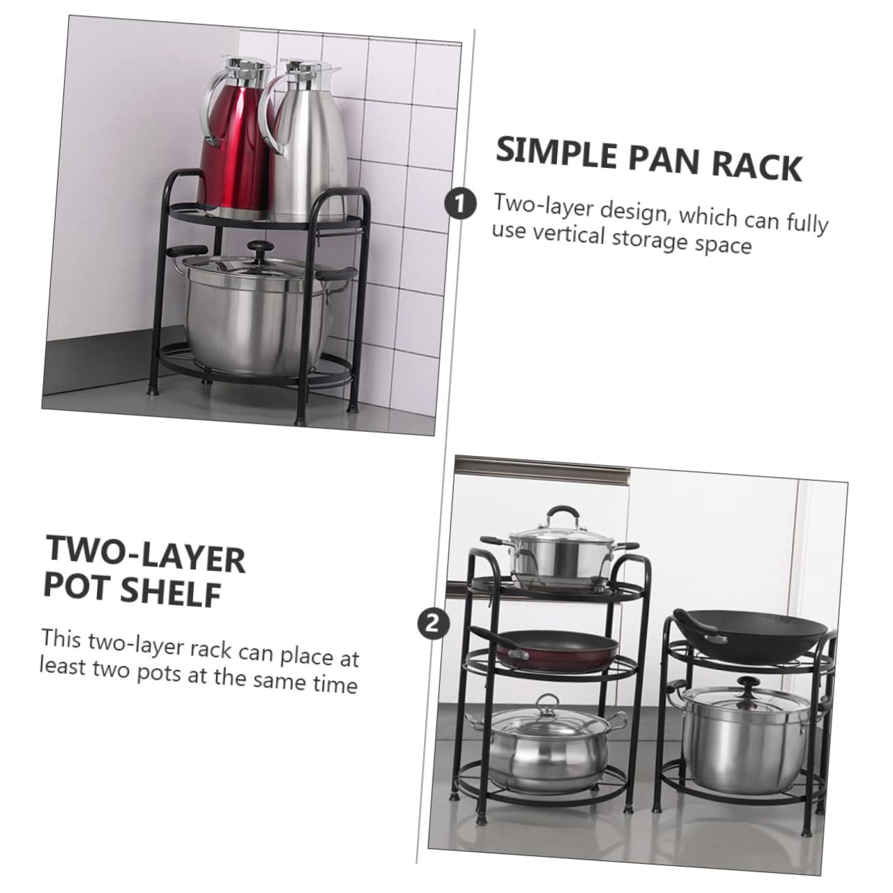 Porta Casseruola a Due Ripiani, 1 Pezzo, Ferro Nero | Struttura Smontabile, Pulizia Semplice, Mensole per Cucina e Organizer Scaffali Cucina